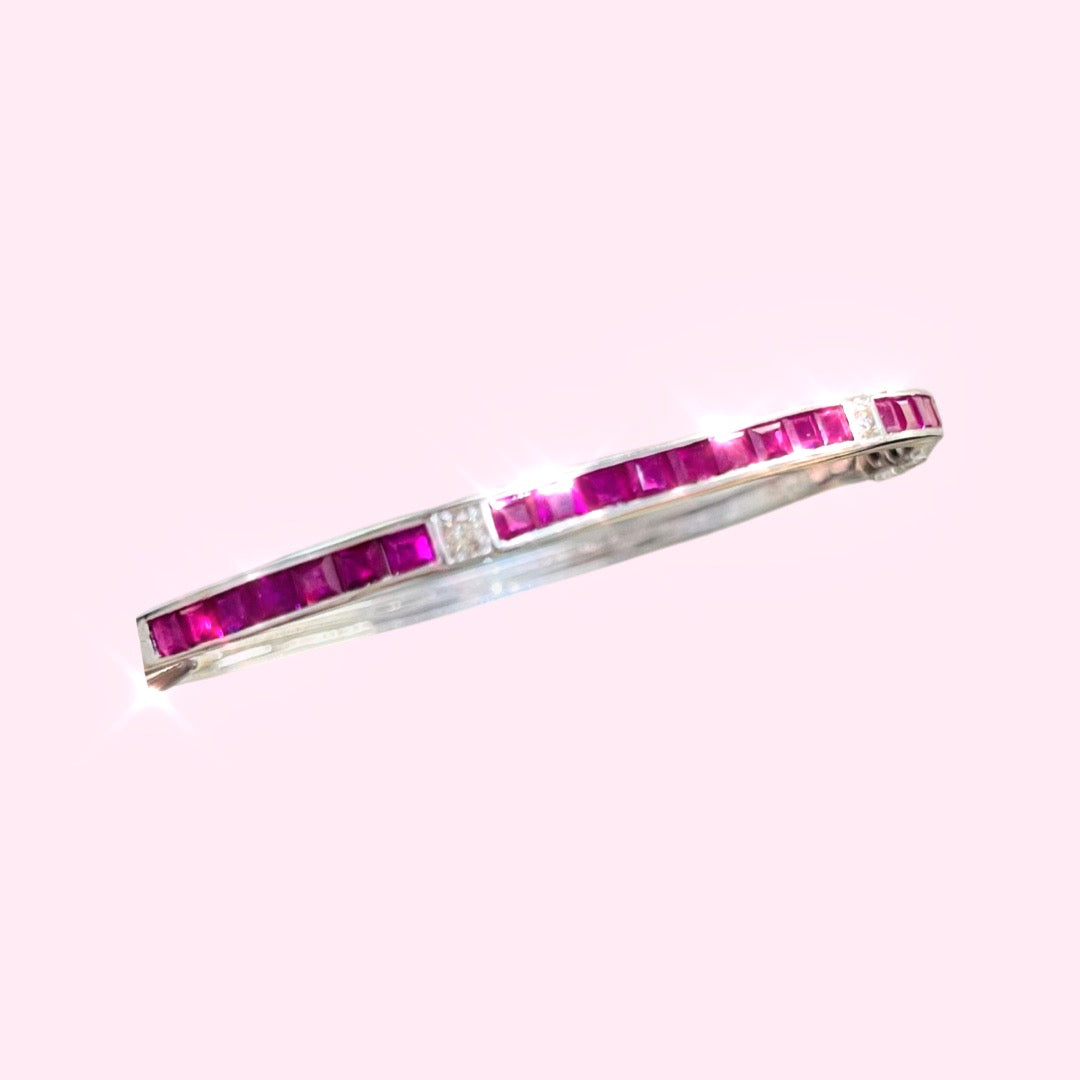 18K White Gold Natural Ruby & Diamond Cuff Bracelet