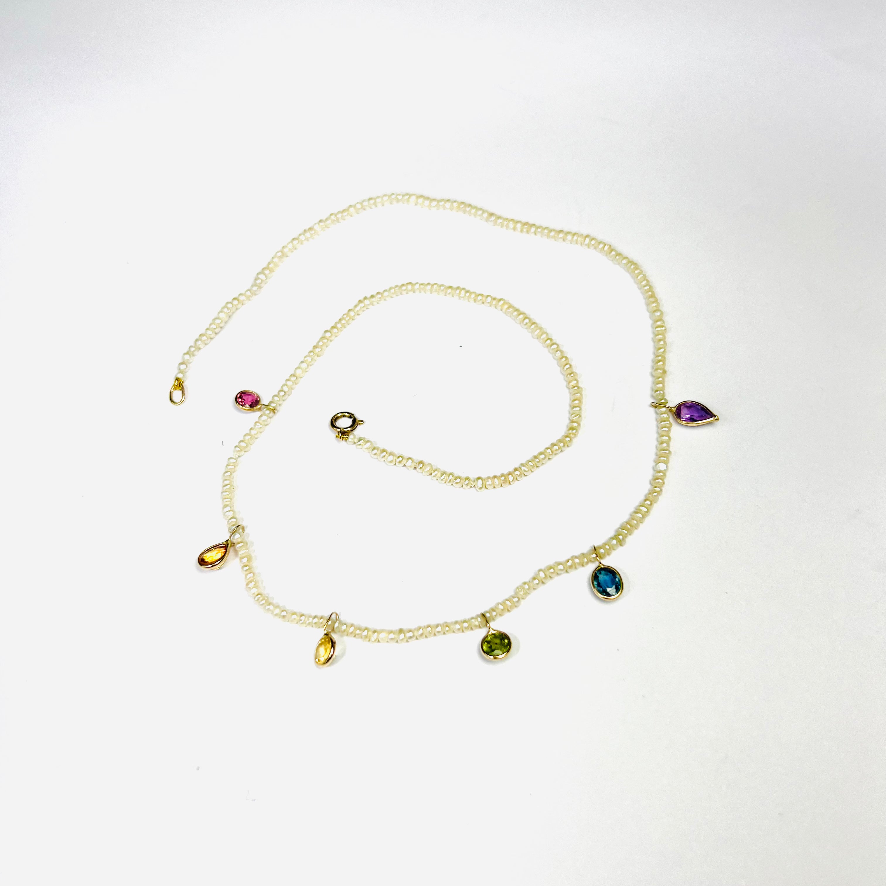 Seed Pearl Rainbow Sapphire Dangle Necklace 15.5"