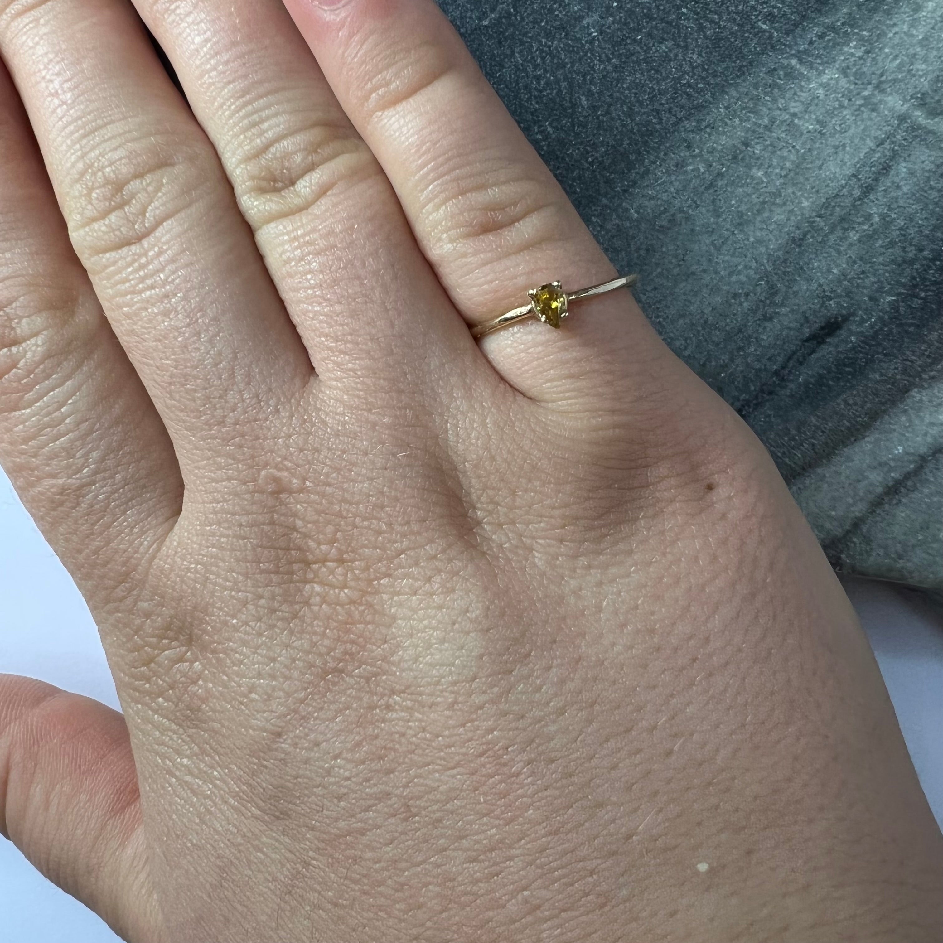 Solid 14K Yellow Gold Yellow Pear Diamond Dainty Ring Band Size 6.50