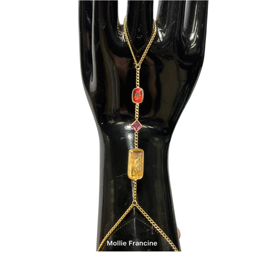 Red Labradorite Pink Tourmaline Imperial Topaz Handchain in solid 14k Yellow Gol