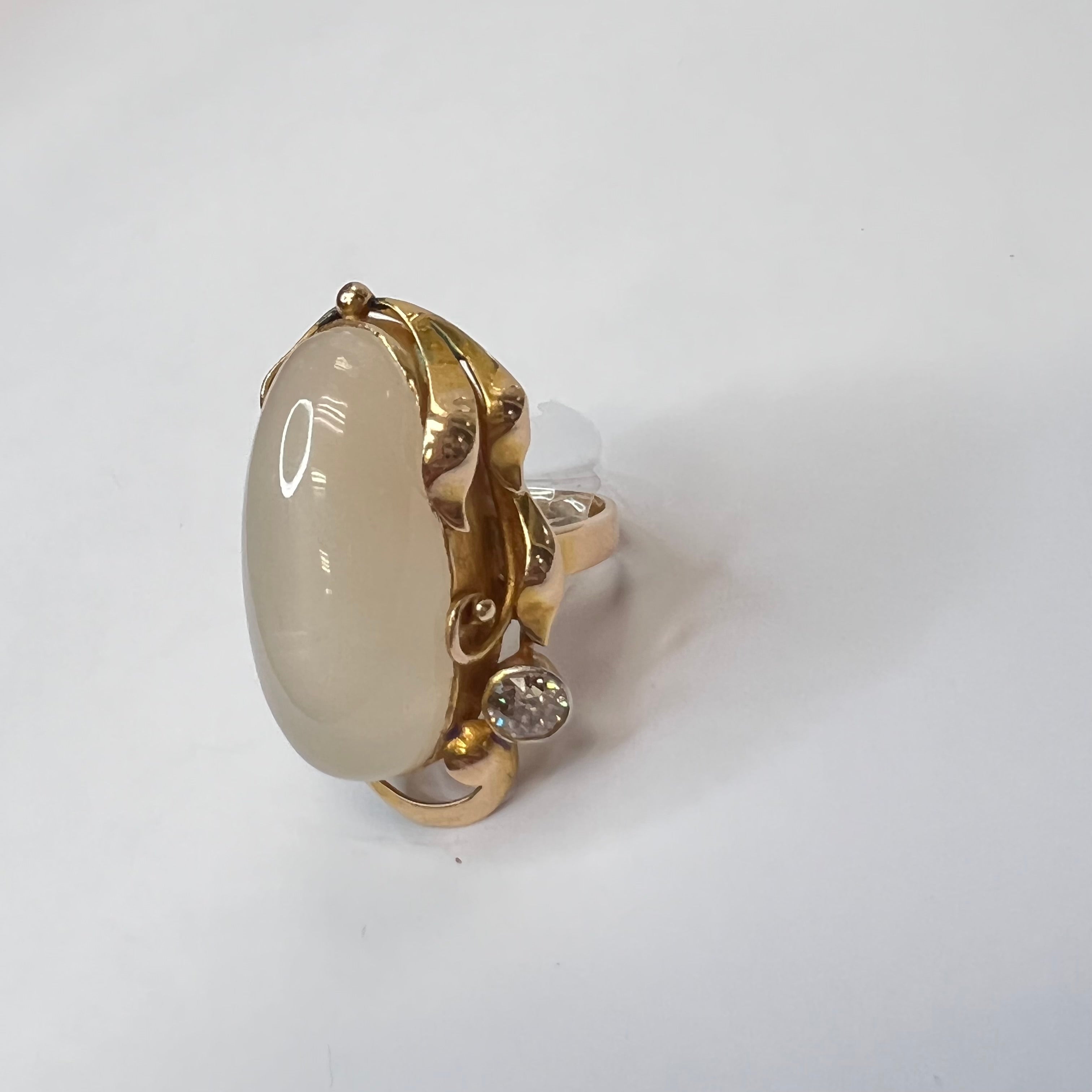 Solid 14K Yellow Gold Antique Moonstone and Diamond Long Ring Size 4.75