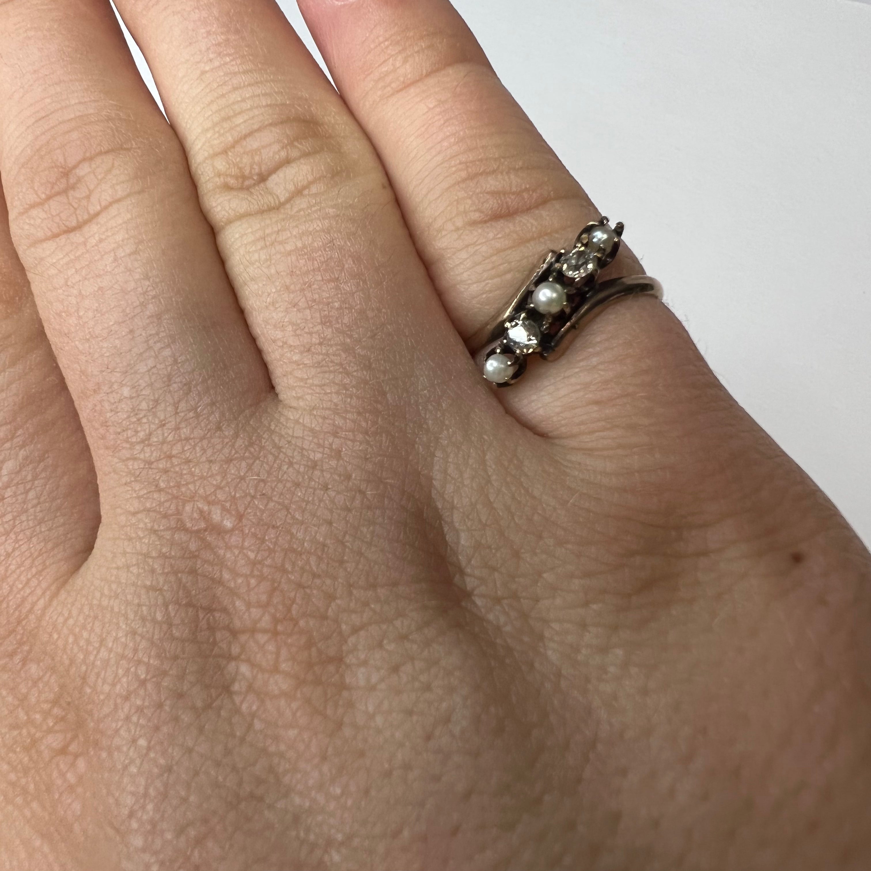 Antique 10K Rose Gold Pearl and Diamond Bypass Band Ring Size 5.25