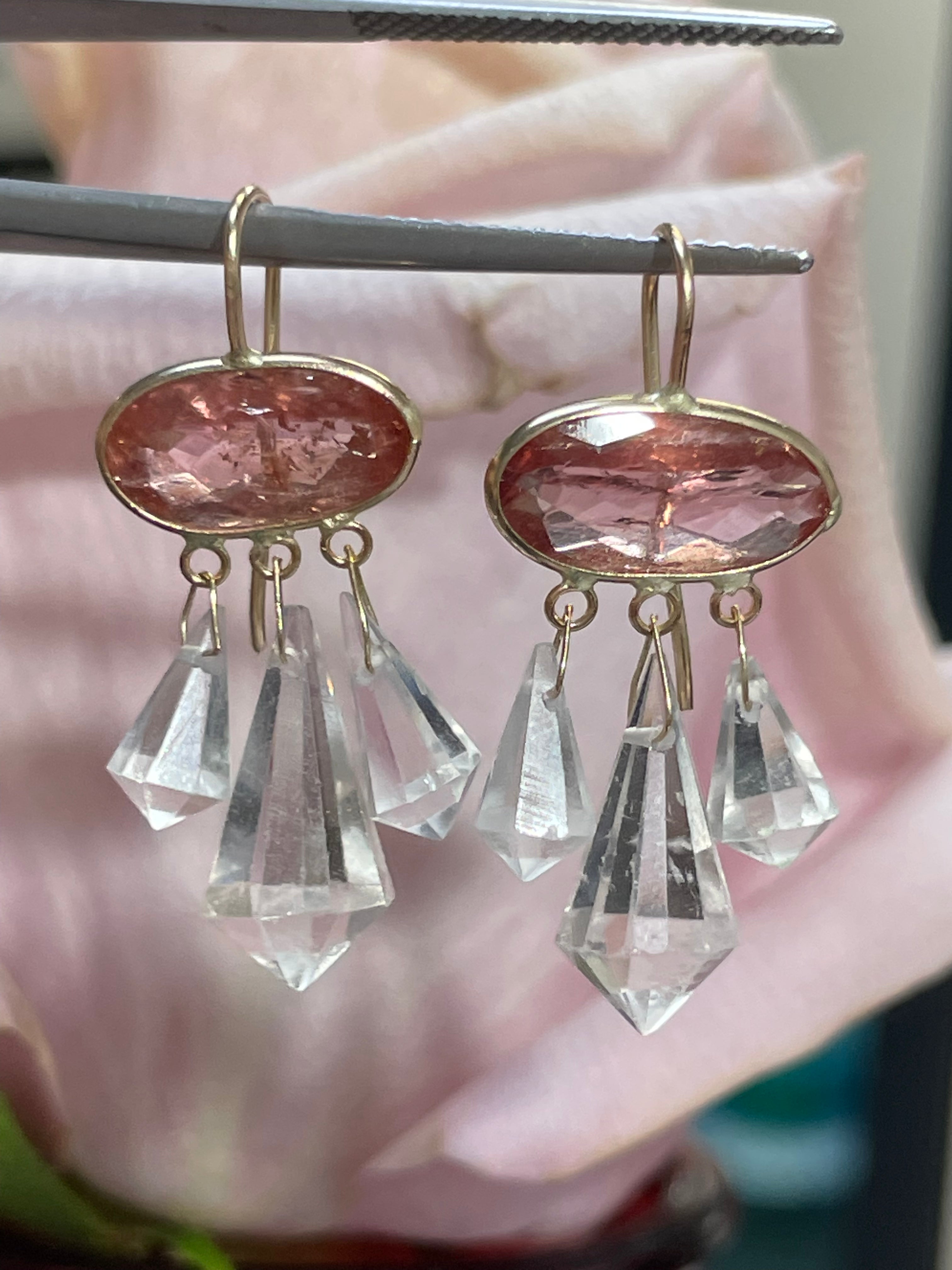 Pink Imperial Topaz and Morganite Briolette 14K Yellow Gold Drop Earrings