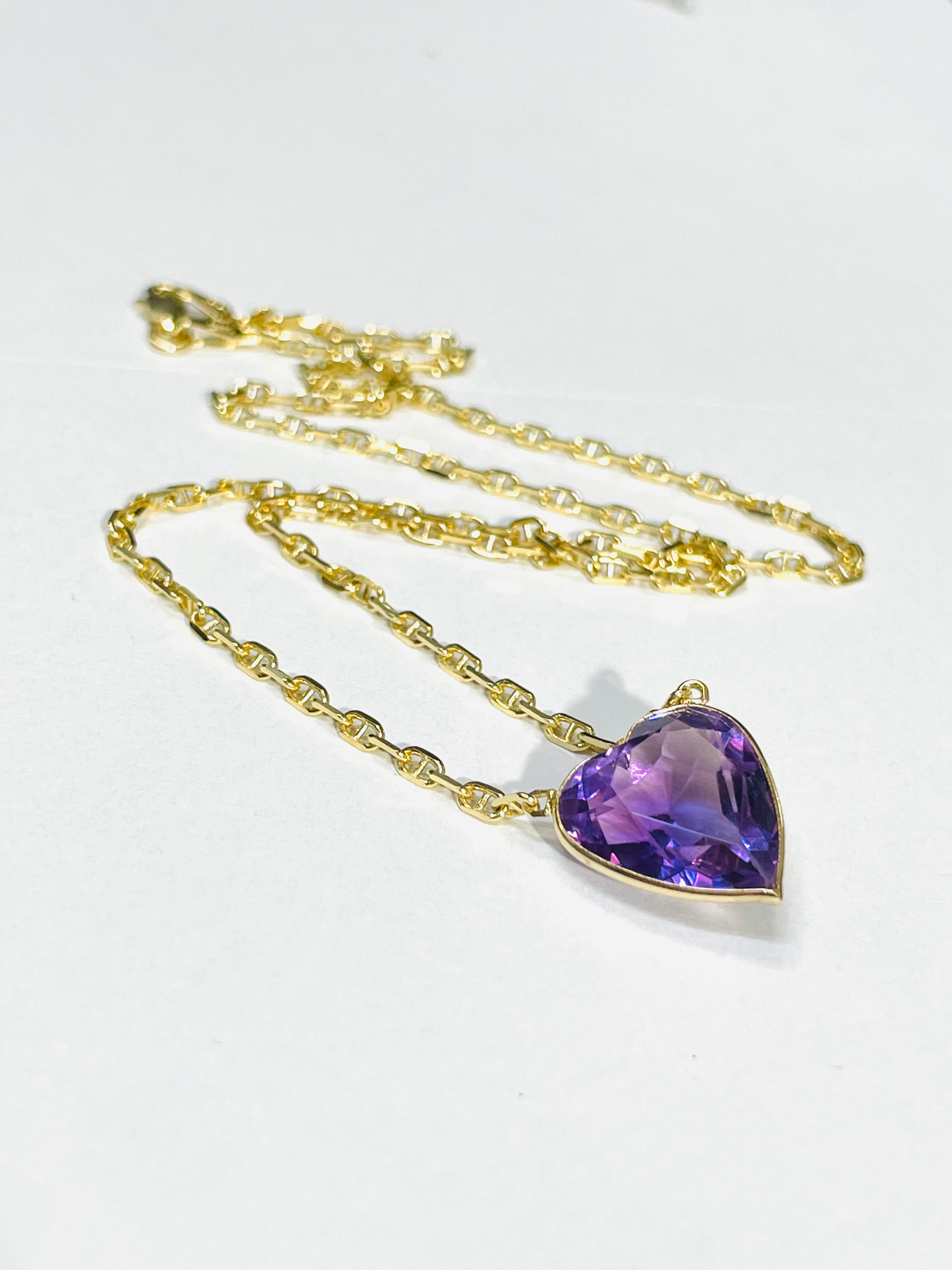 7CT Natural Amethyst Heart 14K Yellow Gold Necklace Anchor Link Chain Necklace
