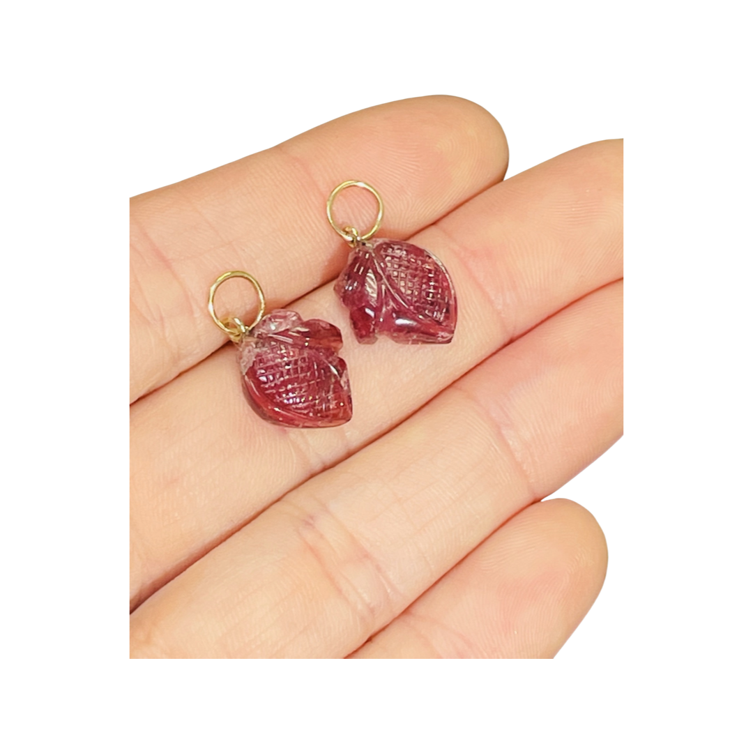 14K Yellow Gold Carved Tourmaline Hoop Earring Charm Pair