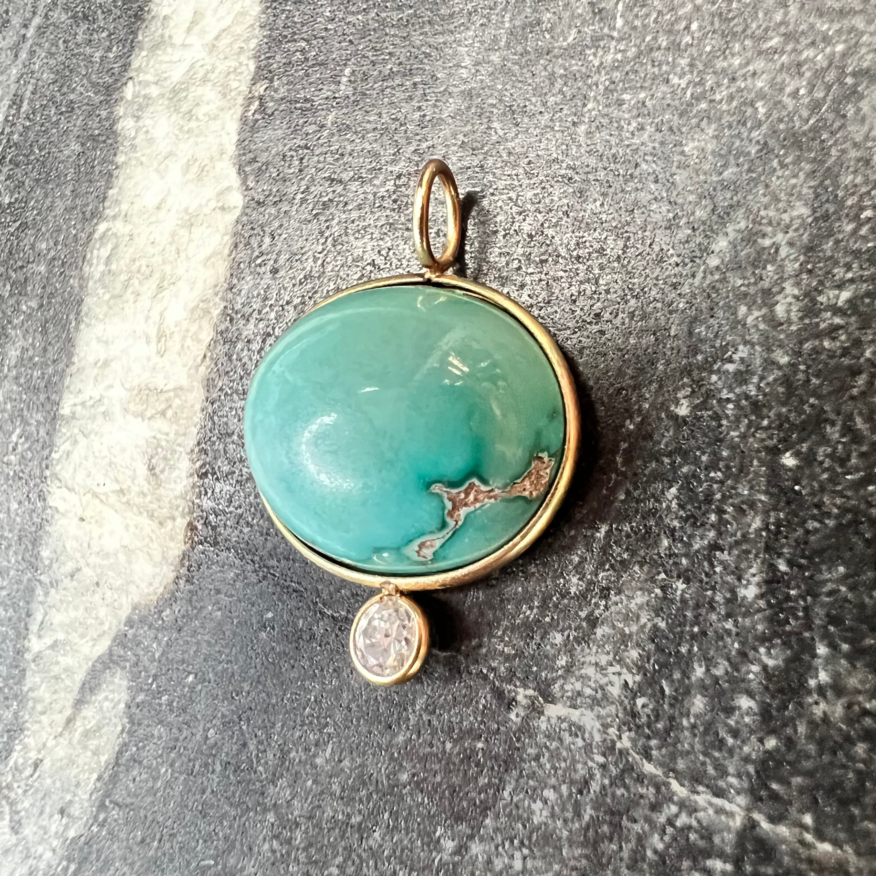 Turquoise and Diamond 14k Yellow Gold Pendant Charm 21x15mm