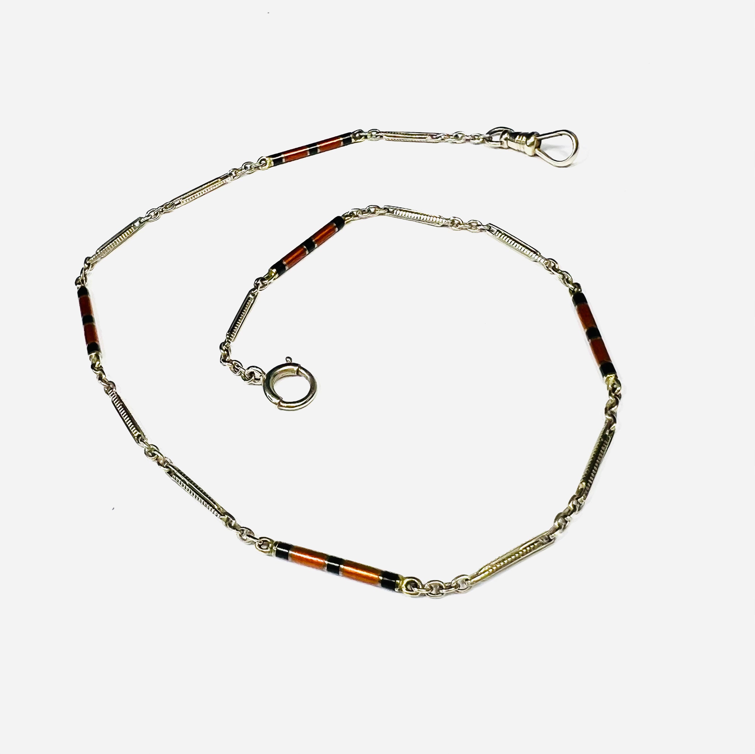 14K White Gold Red and Black Enamel Fob Chain 13.5"
