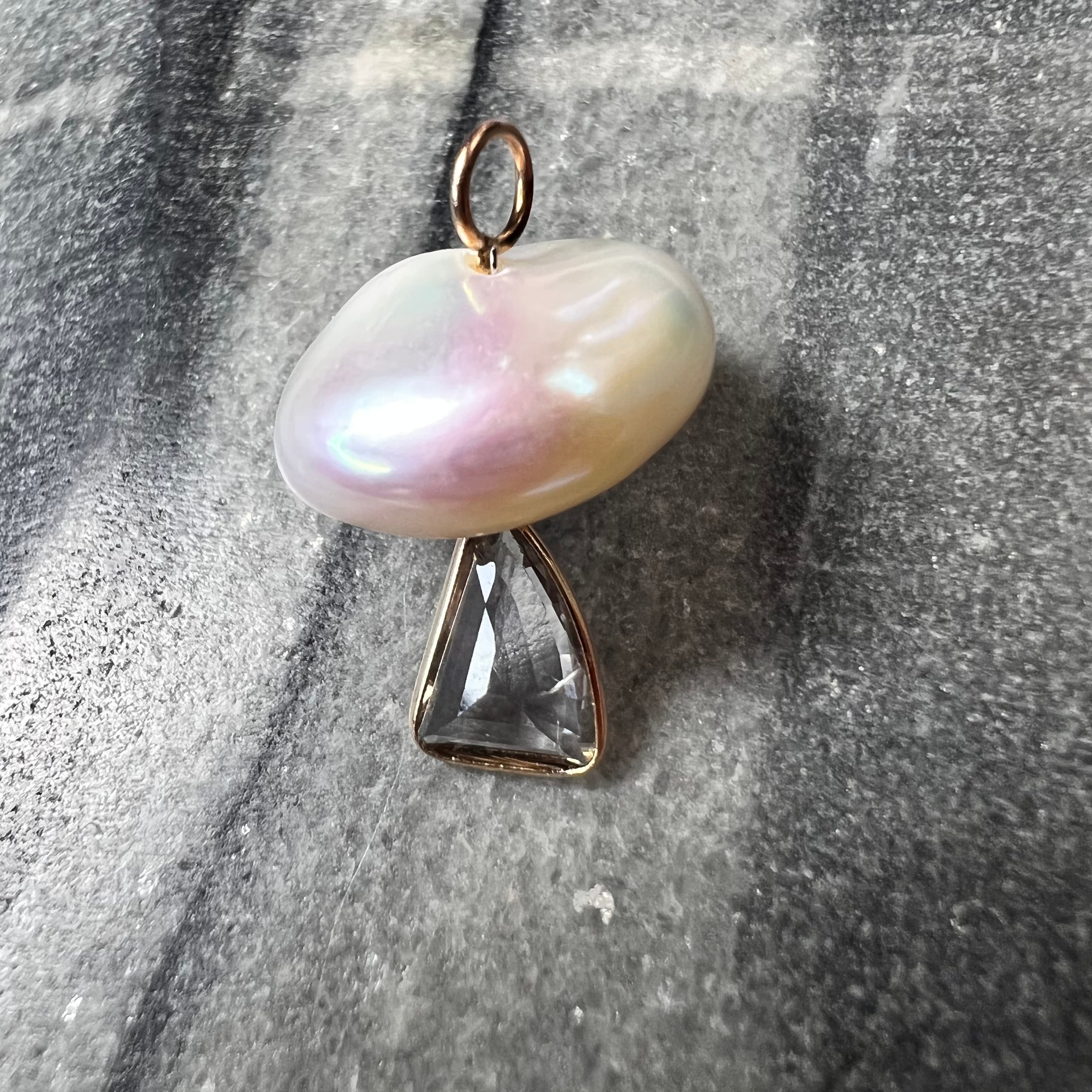 Natural Amethyst and Pearl Mushroom 14K Yellow Gold Pendant Charm 22x15mm