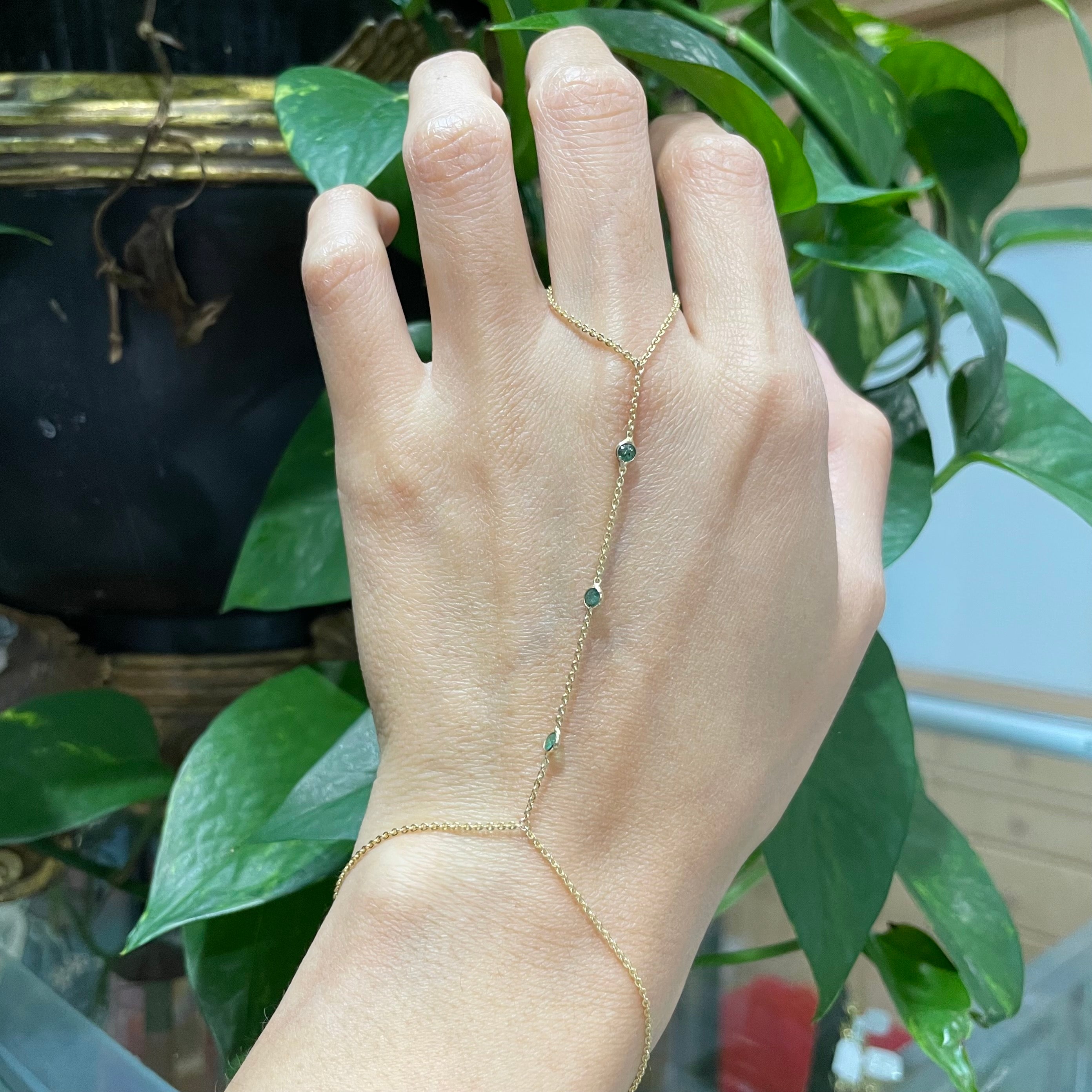 Three Emerald HandChain in solid 14k Yellow Gold