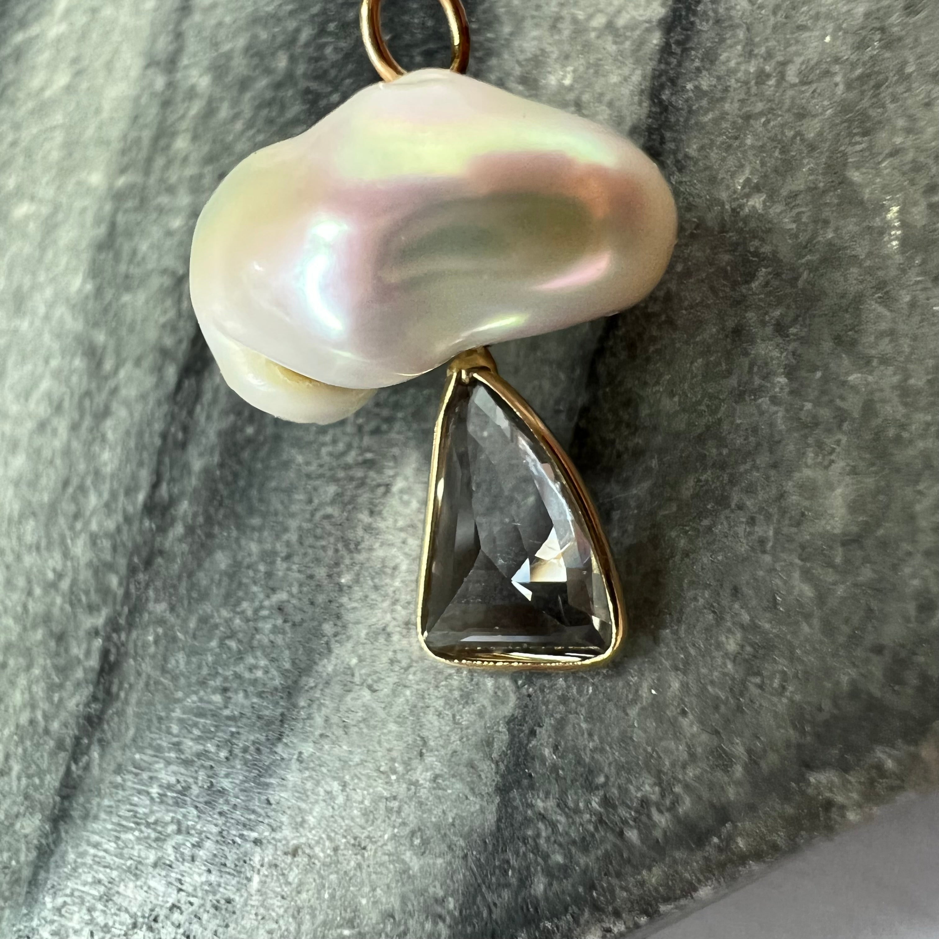 Natural Amethyst and Pearl Mushroom 14K Yellow Gold Pendant Charm 22x15mm