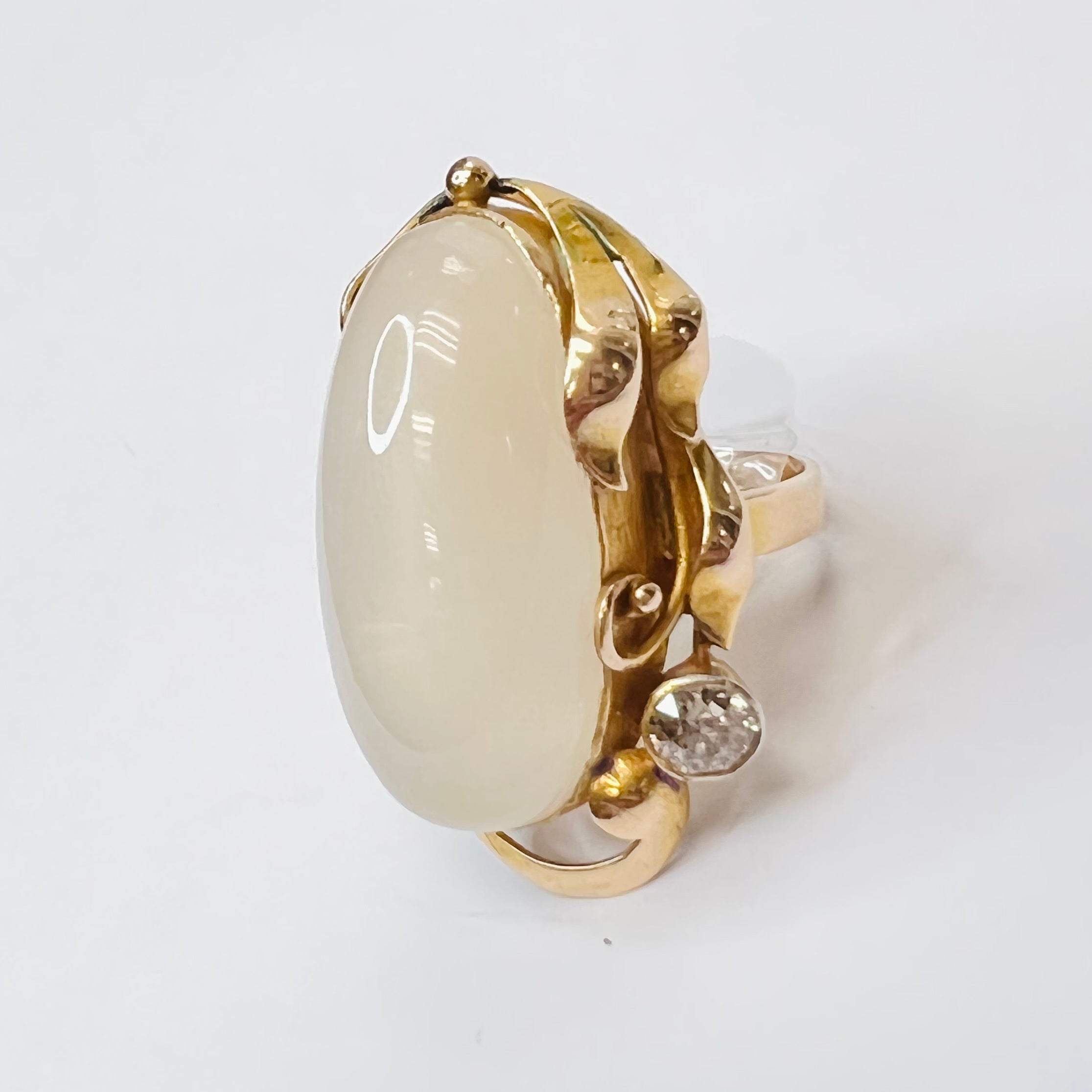 Solid 14K Yellow Gold Antique Moonstone and Diamond Long Ring Size 4.75
