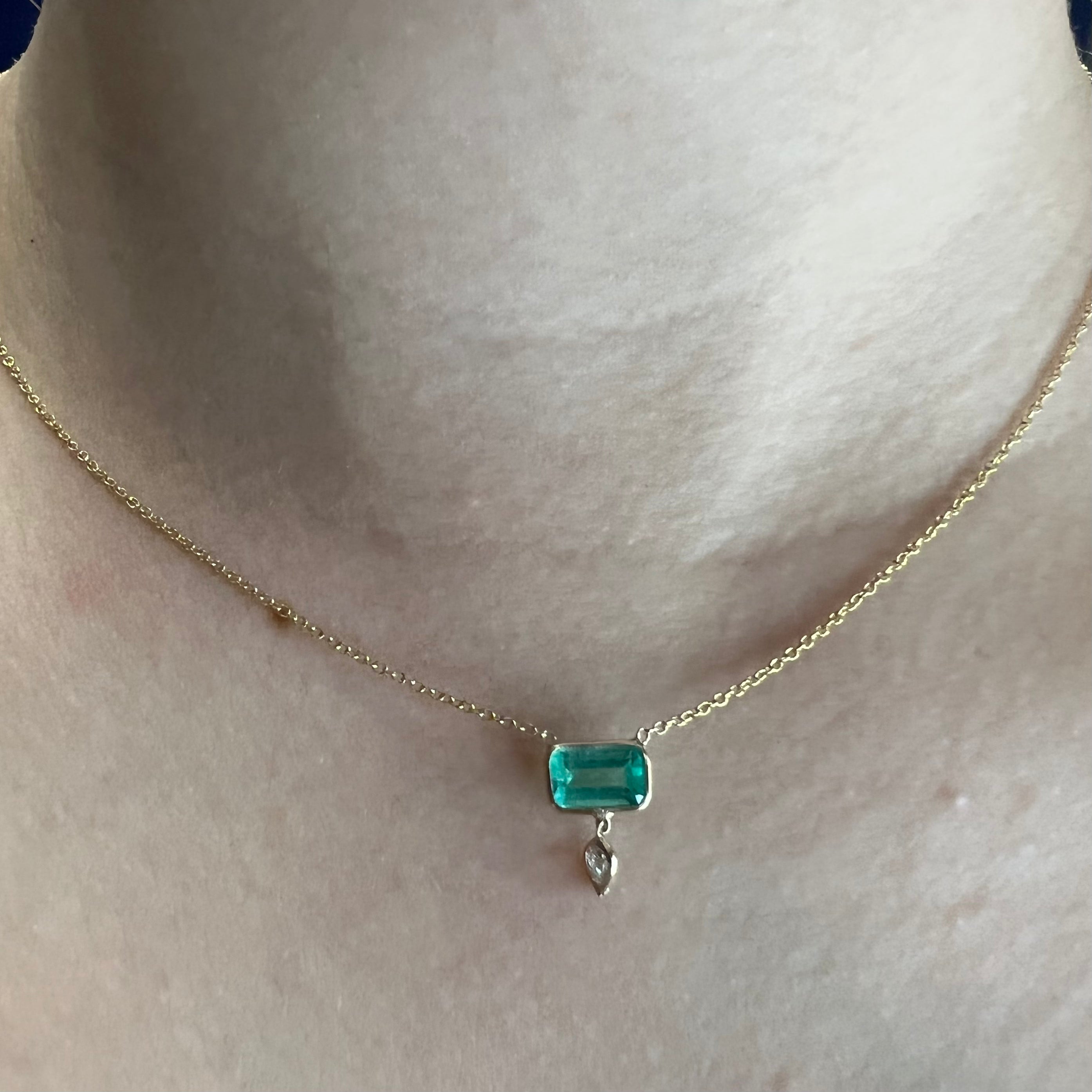 Emerald and Diamond 16" 14K Yellow Gold Cable Chain Necklace