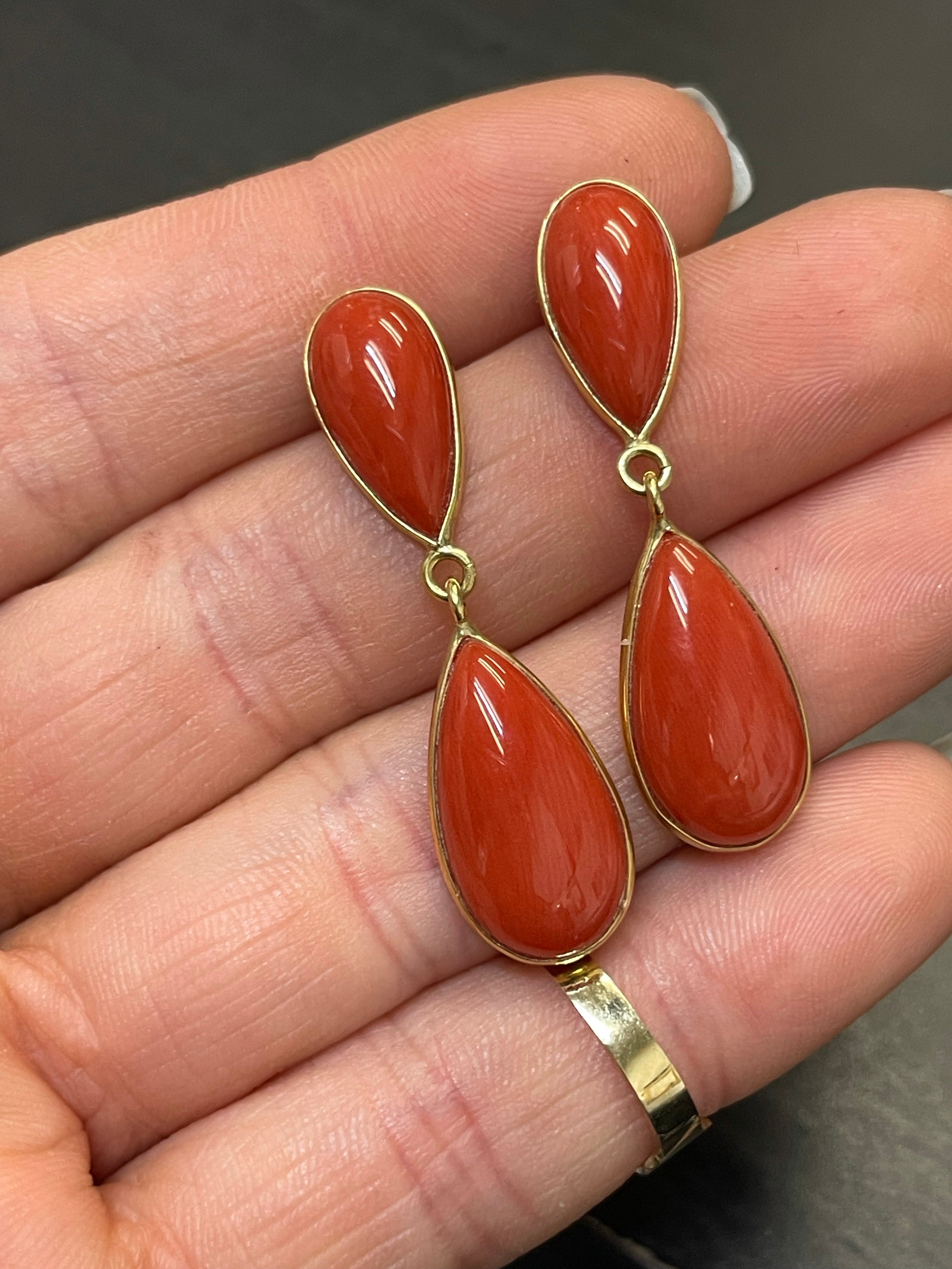 Natural Untreated Red Coral Drop Earrings 18K Yellow Gold