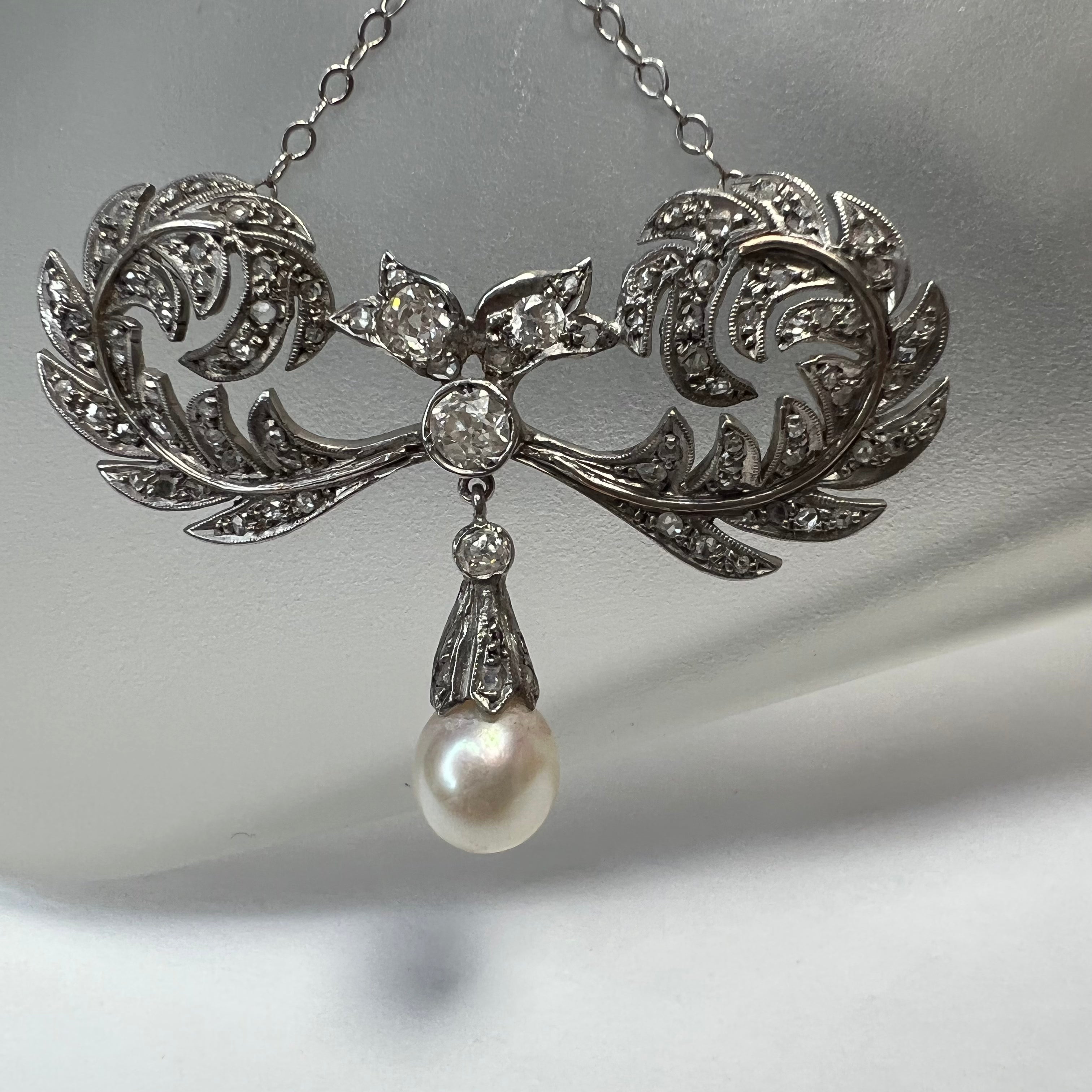 18K White Gold Edwardian Pearl & Old Mine Diamond Lariat Necklace 16"