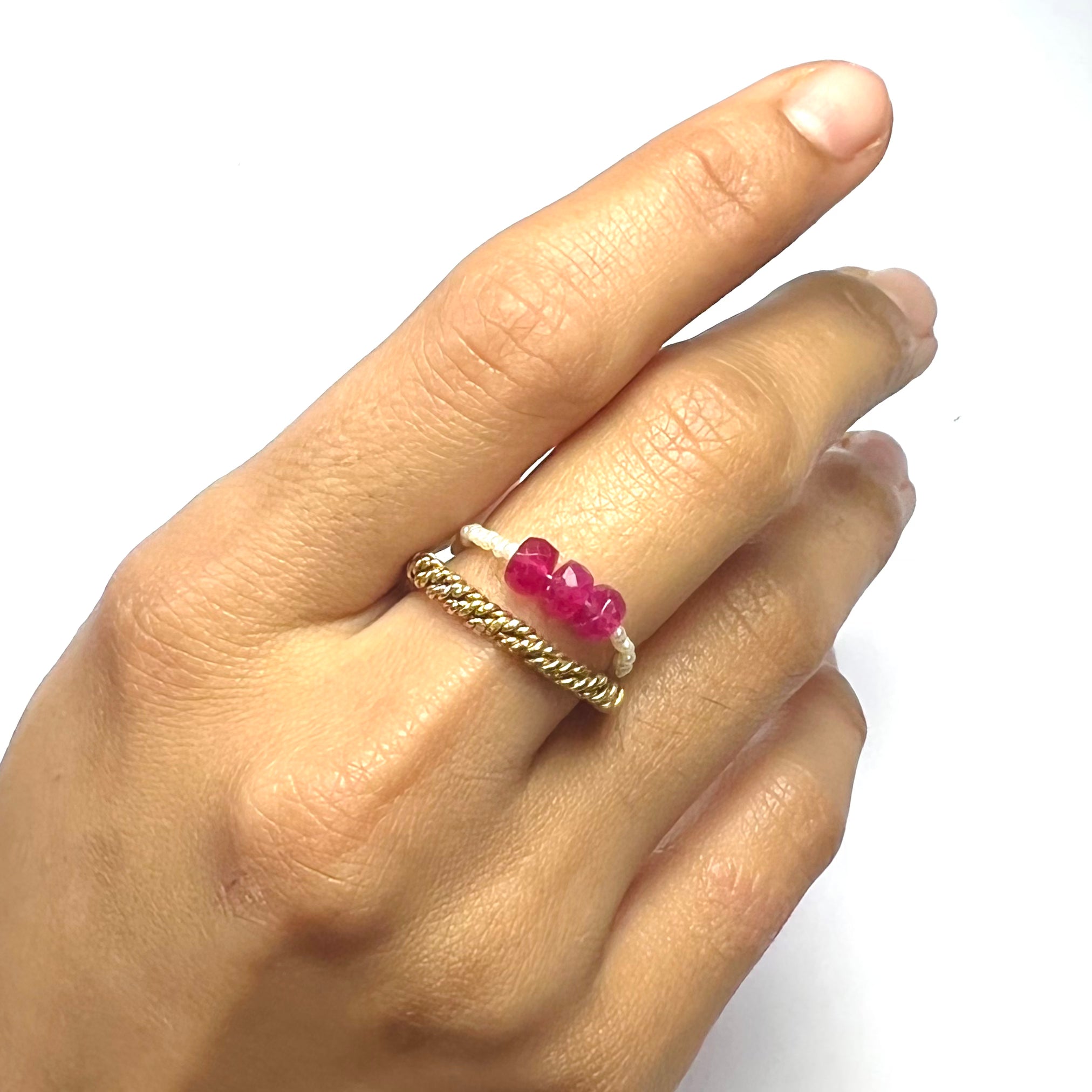 Natural Seed Pearl Eternity Rough Ruby Beaded Ring Size 6