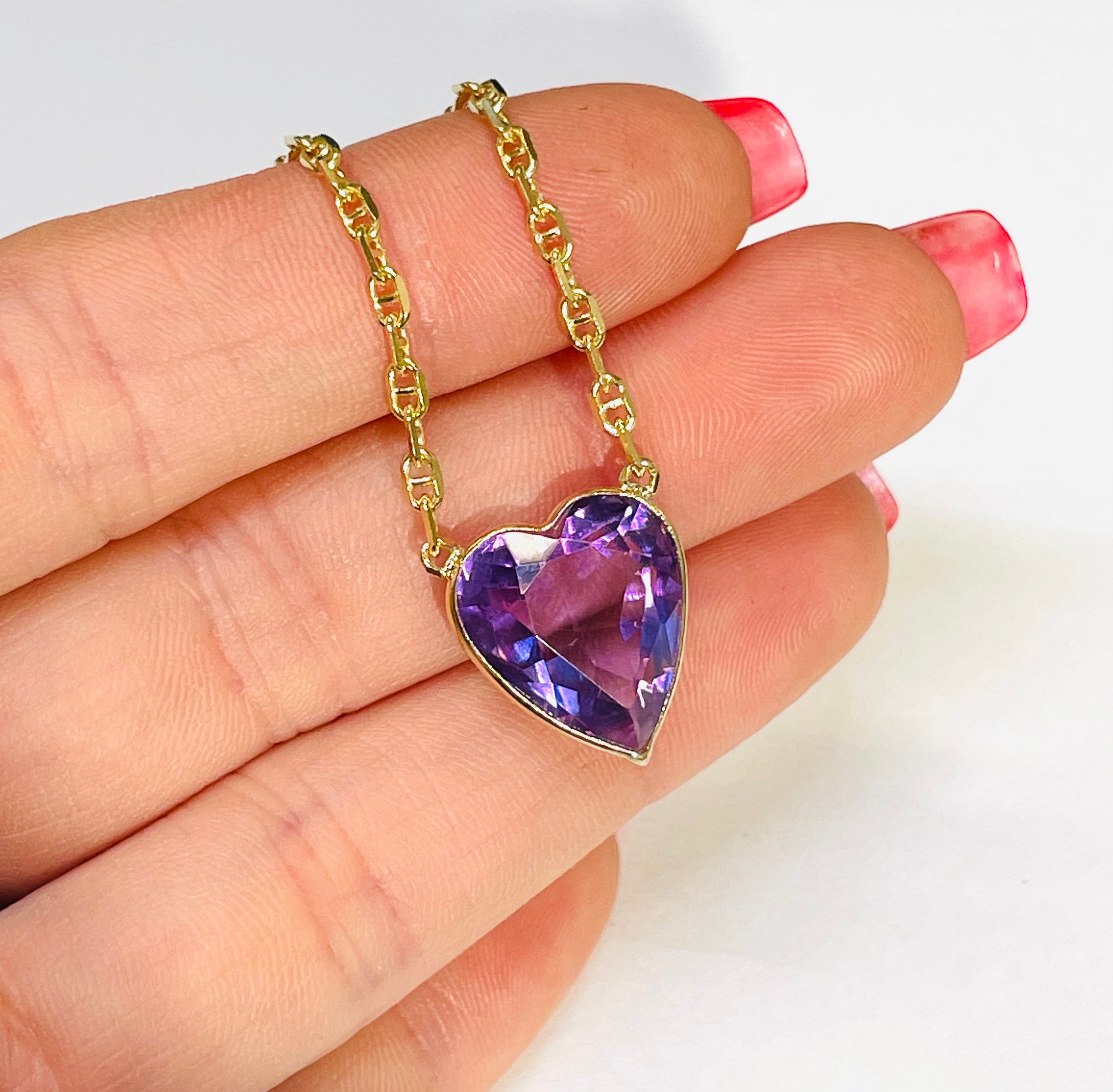 7CT Natural Amethyst Heart 14K Yellow Gold Necklace Anchor Link Chain Necklace
