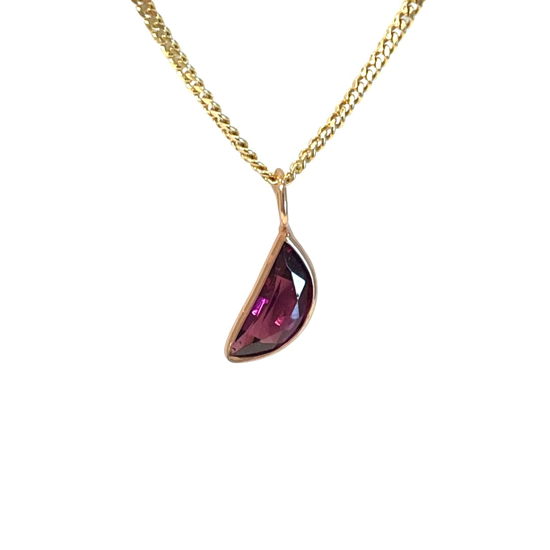 Natural Red Garnet Moon 14K Yellow Gold Pendant Charm 14x7mm