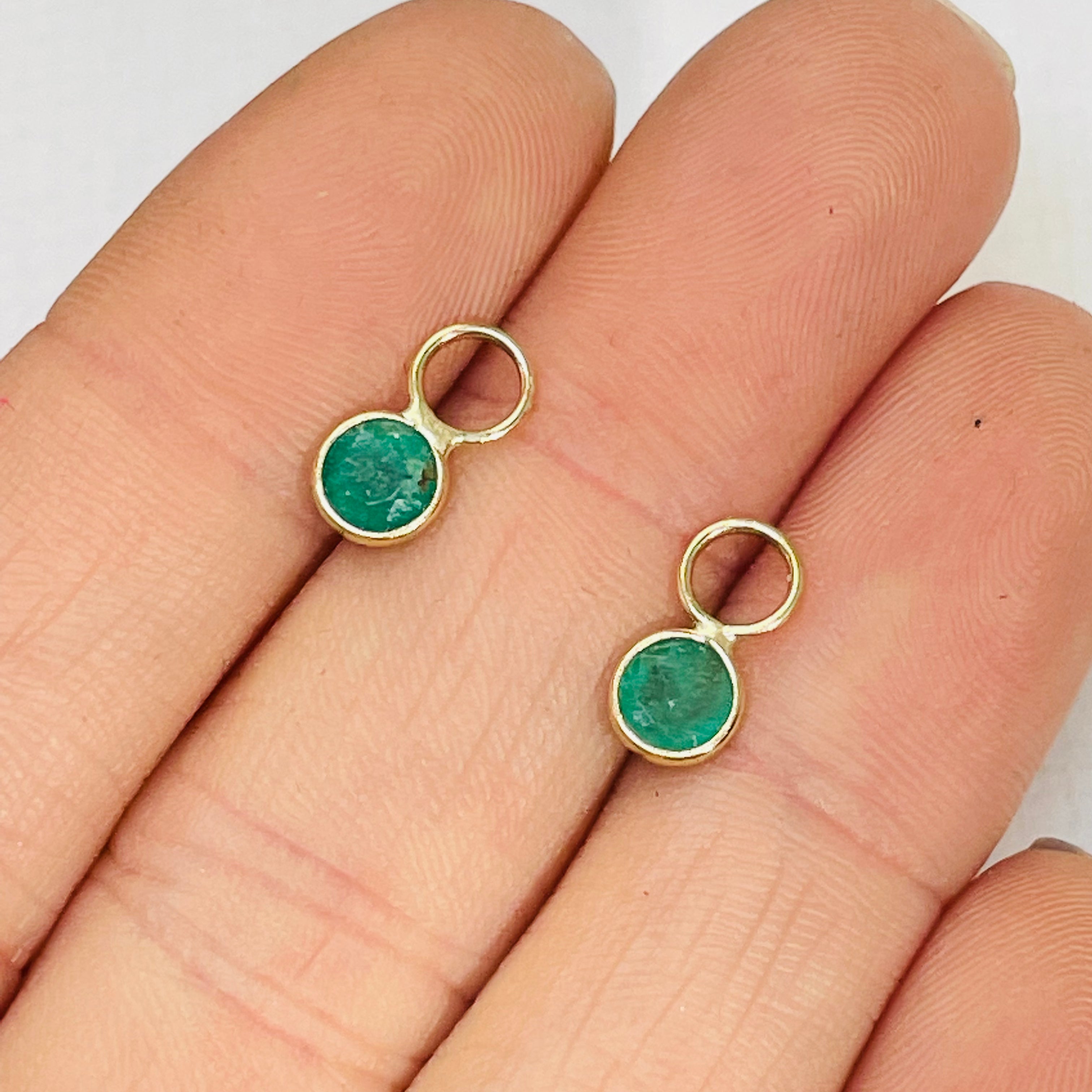 14K Yellow Gold Round Emerald Earring Charm Pair