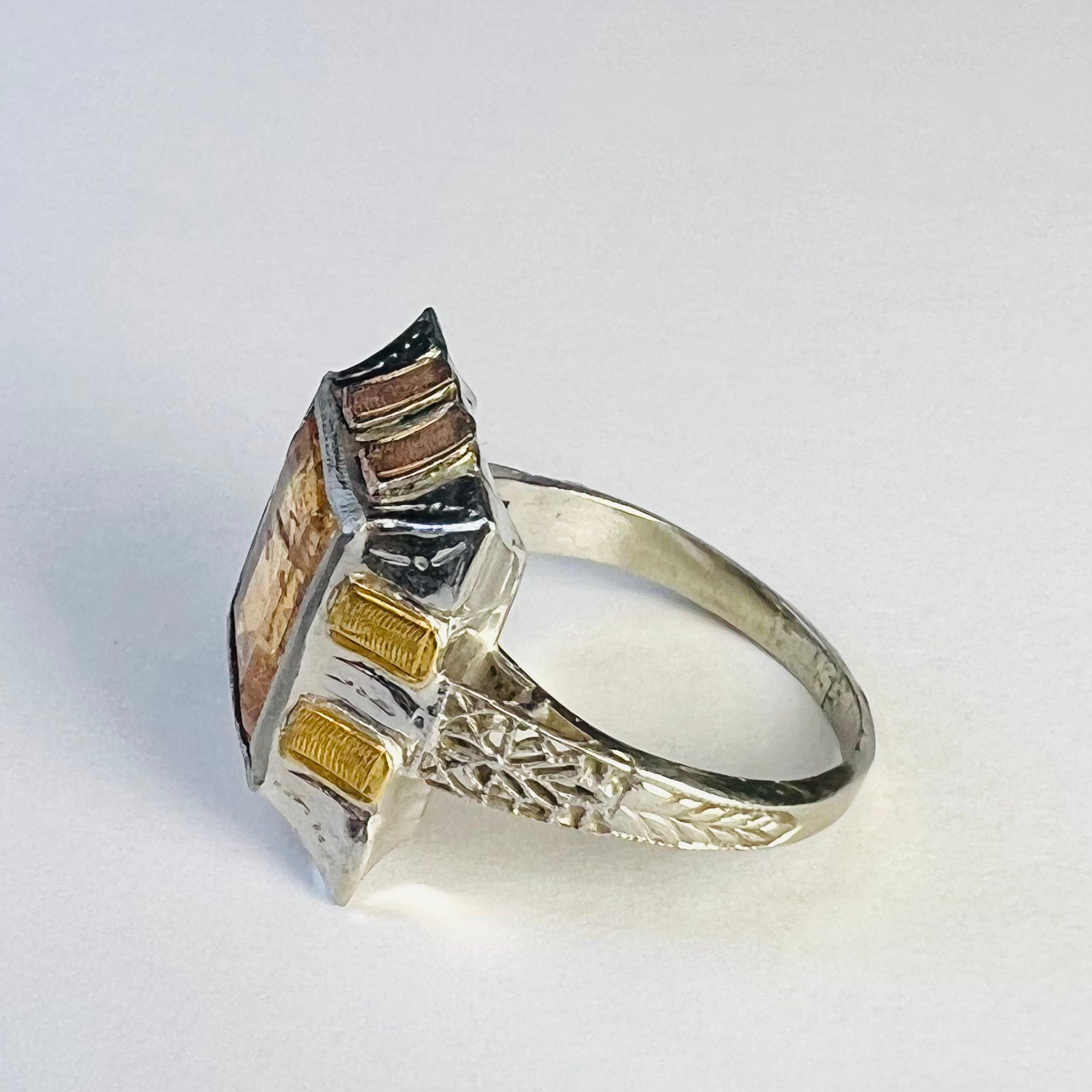 Art Deco 10K Gold Imperial Topaz Engraved Ring Band Size 4.5