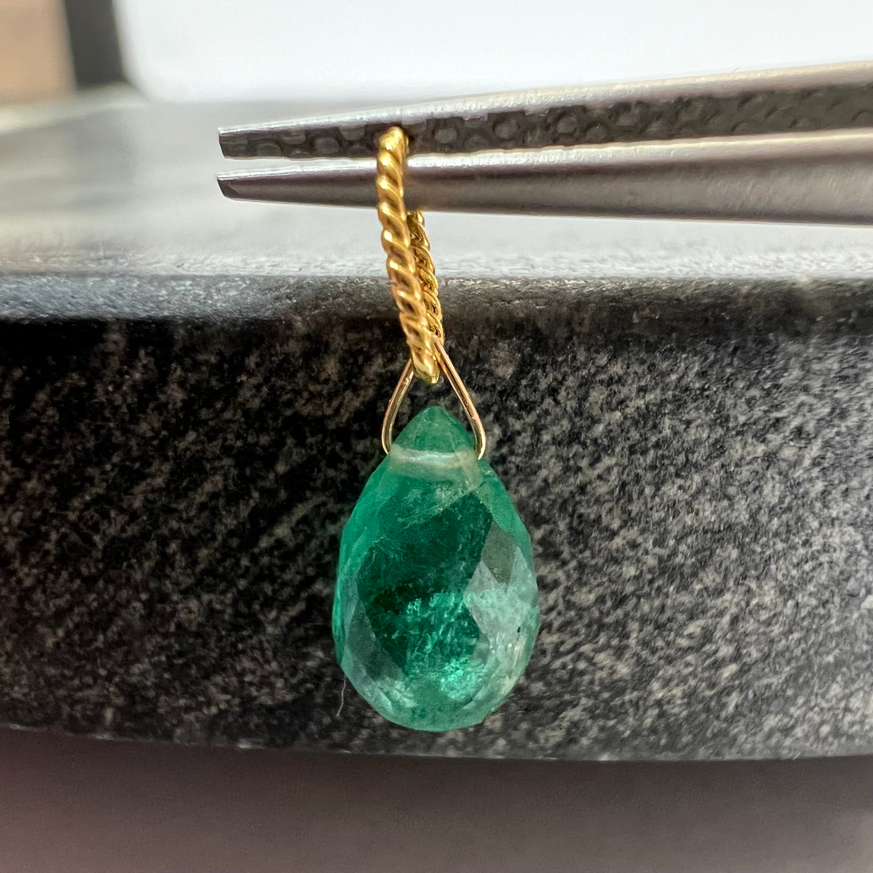 1CT Solid 14K Yellow Gold Briolette Emerald Twisted bail Charm 8x4.93x3.41mm