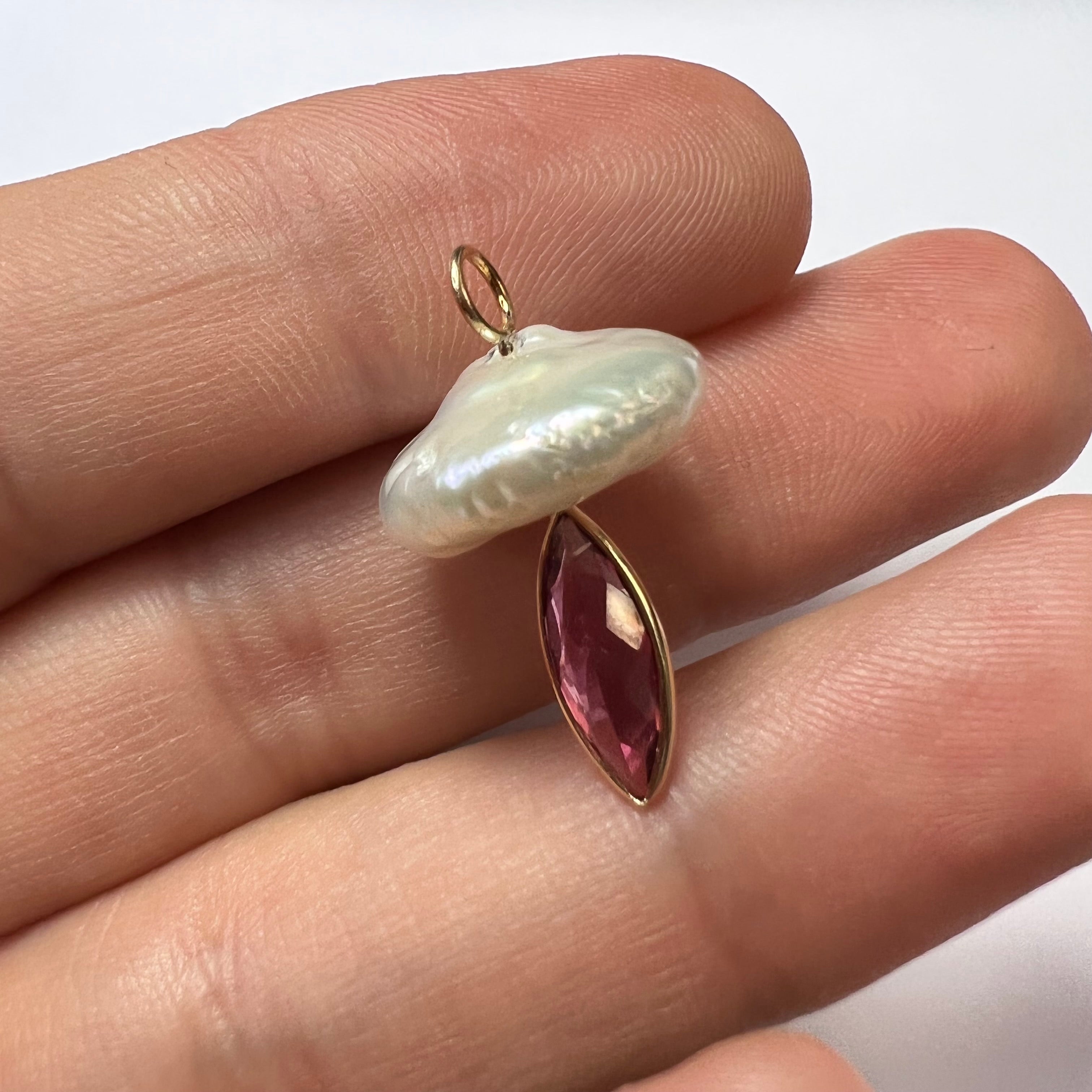 Natural Tourmaline and Pearl Mushroom 14K Yellow Gold Pendant Charm 24x14.50mm
