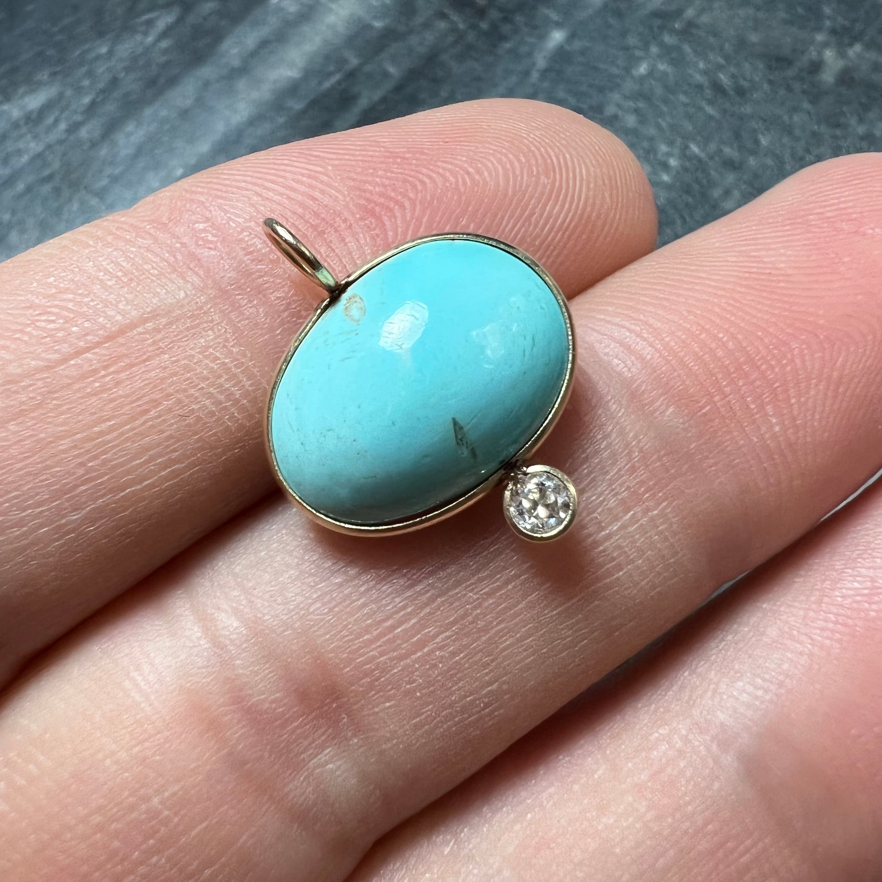 Turquoise and Diamond 14K Yellow Gold Pendant Charm 19x15mm