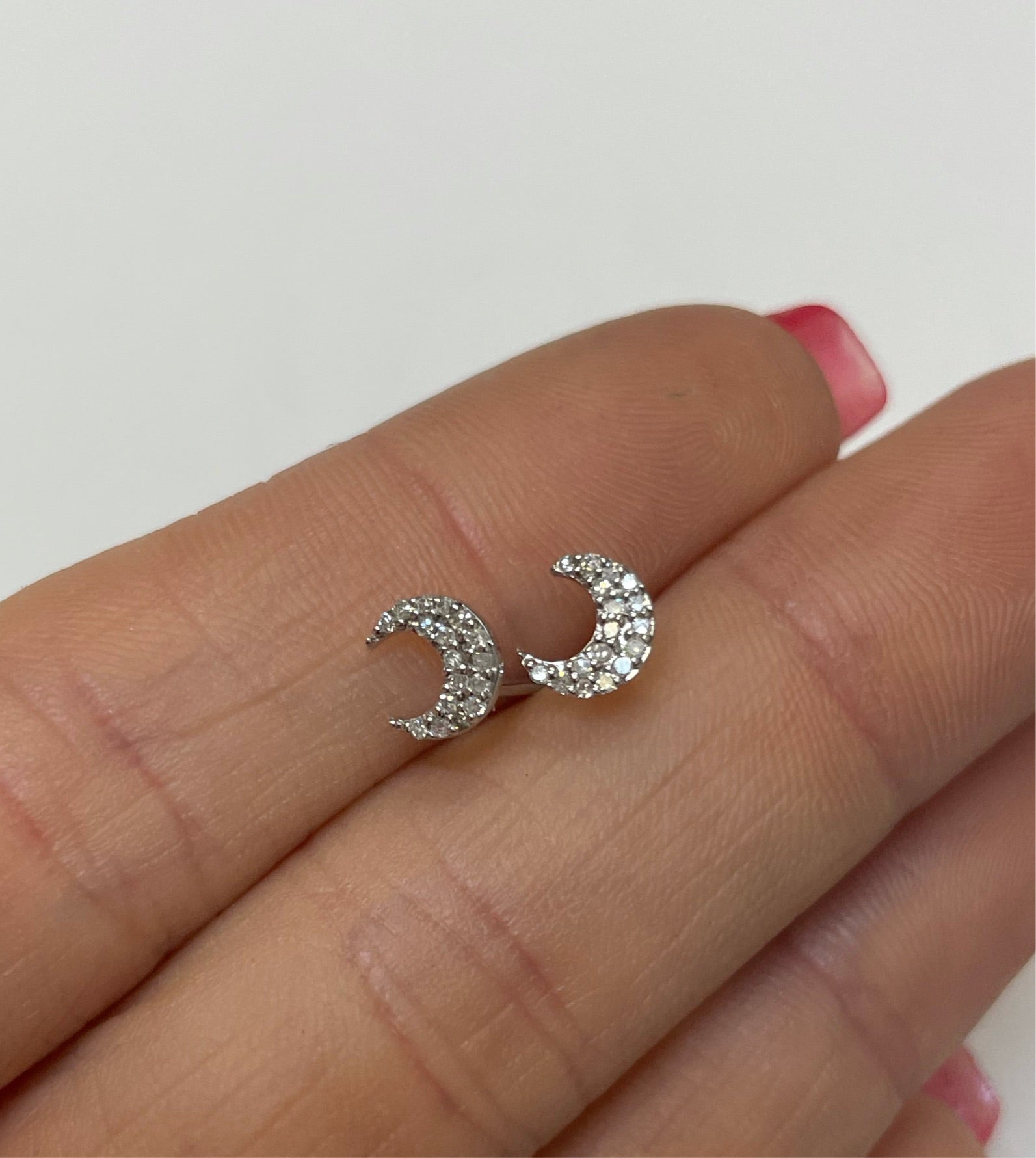 Glittering Diamond and 14K White Gold Celestial Crescent Moon Earrings 6x5mm