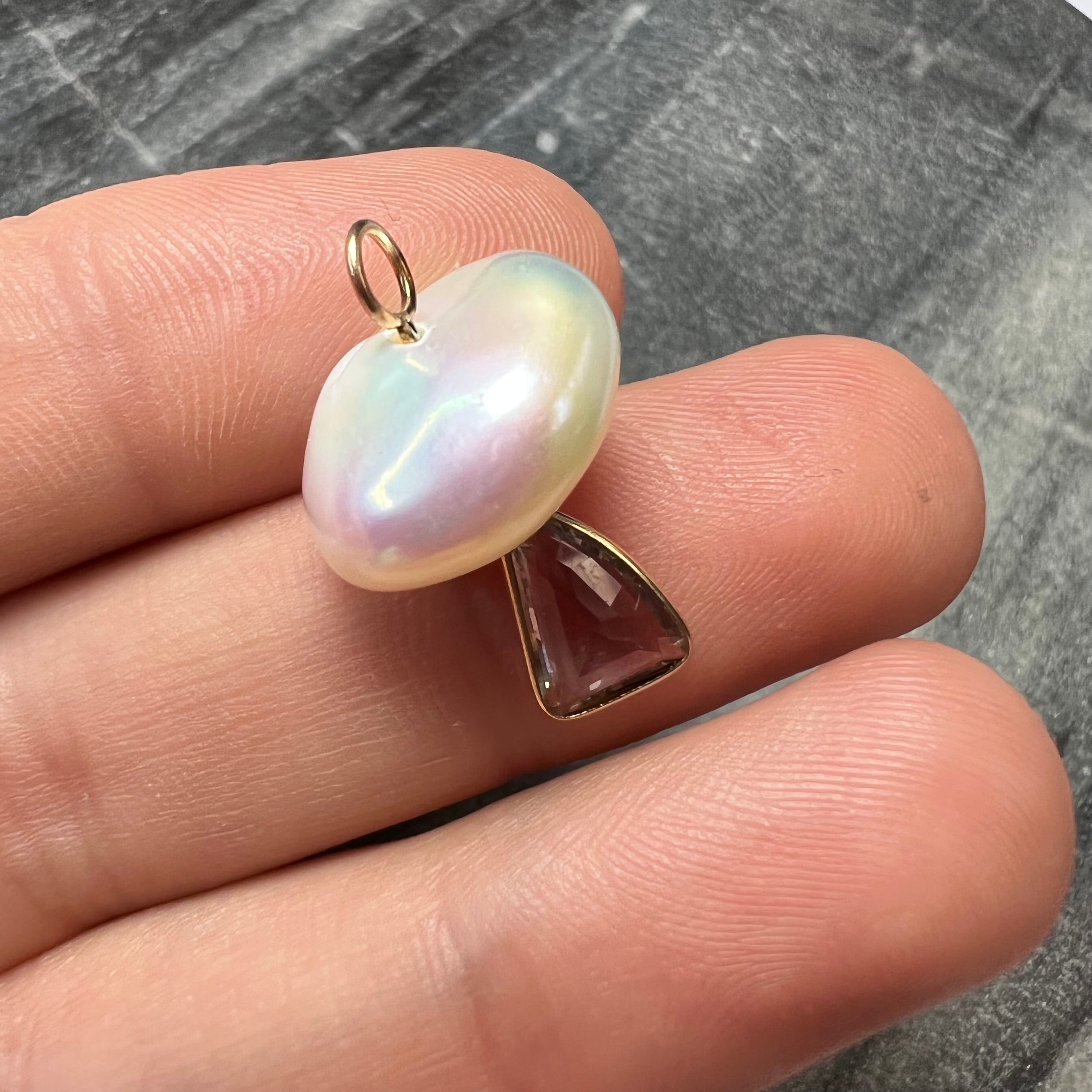 Natural Amethyst and Pearl Mushroom 14K Yellow Gold Pendant Charm 22x15mm