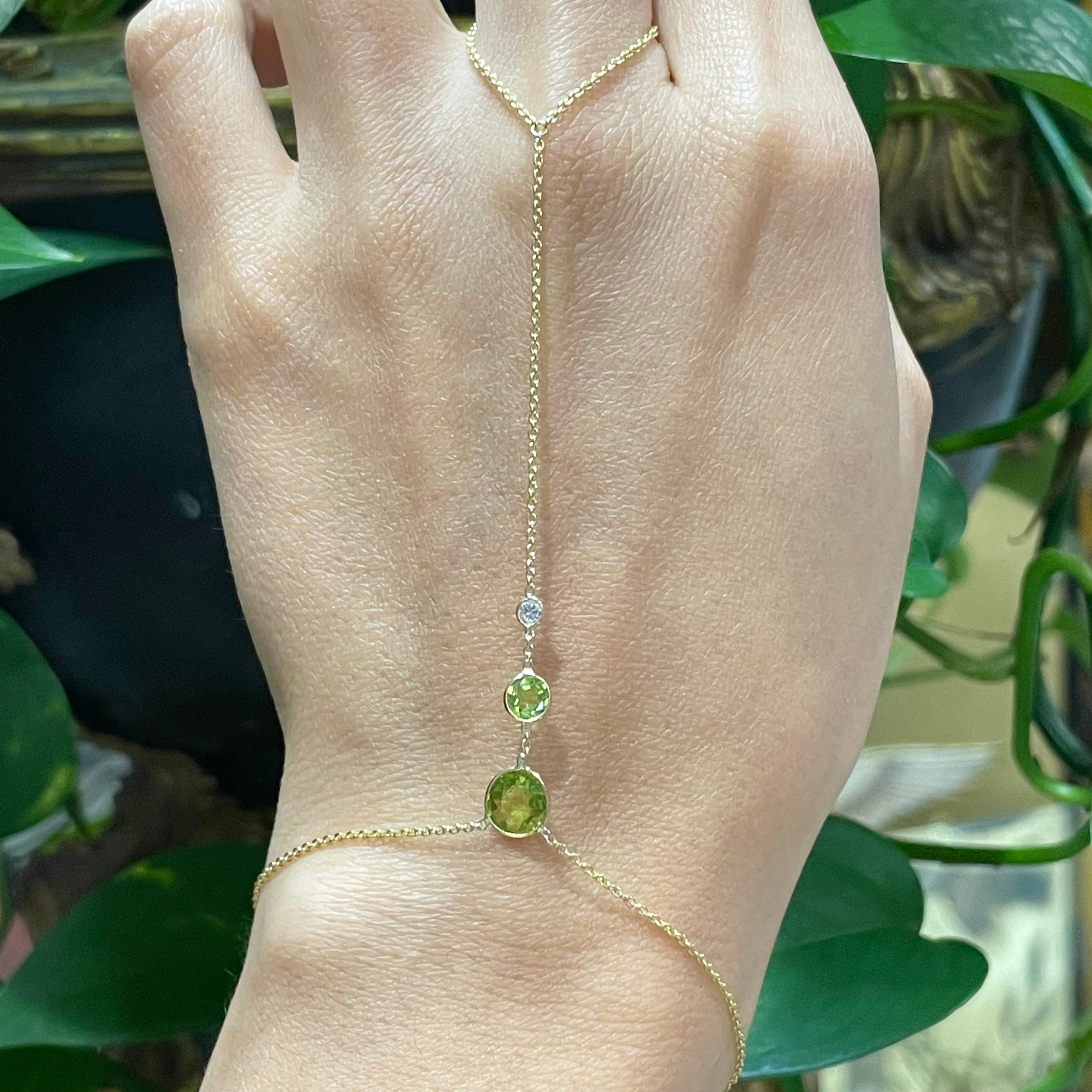 Diamond Peridot HandChain in solid 14k Yellow Gold