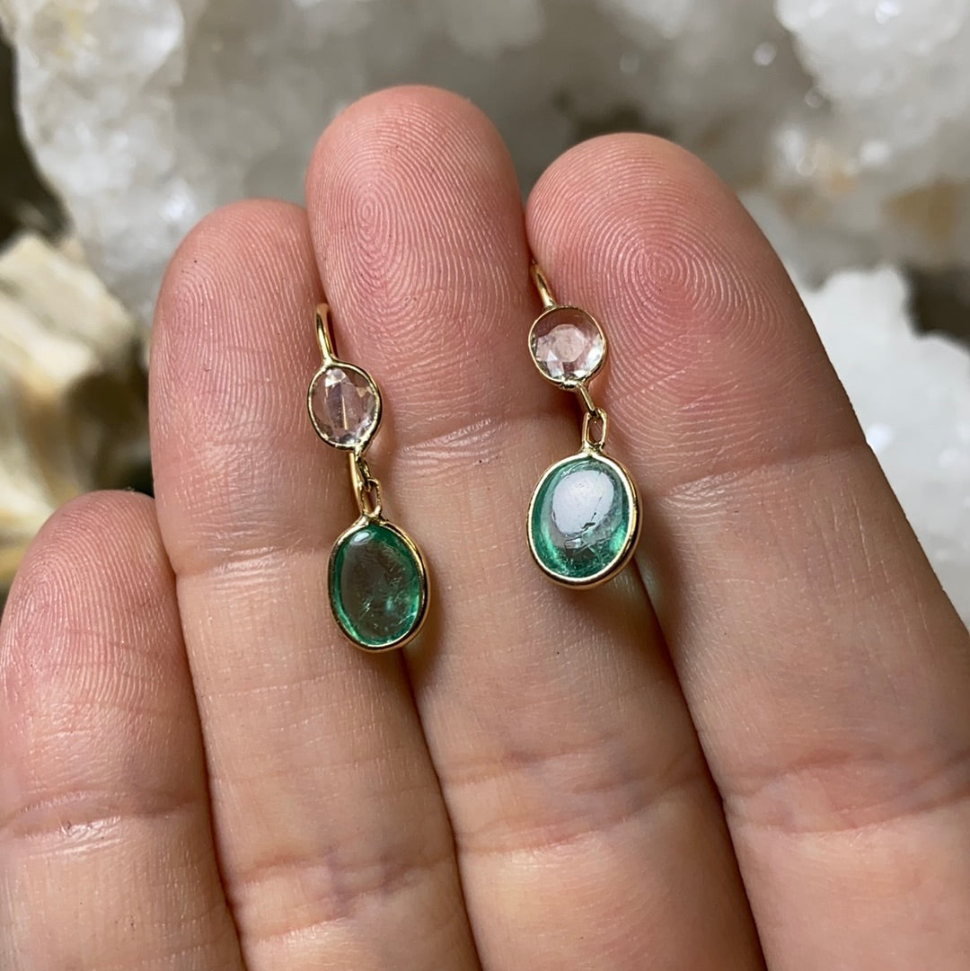 Emerald Cabochon and Rose Cut Diamond 14K Yellow Gold Drop Down Earrings