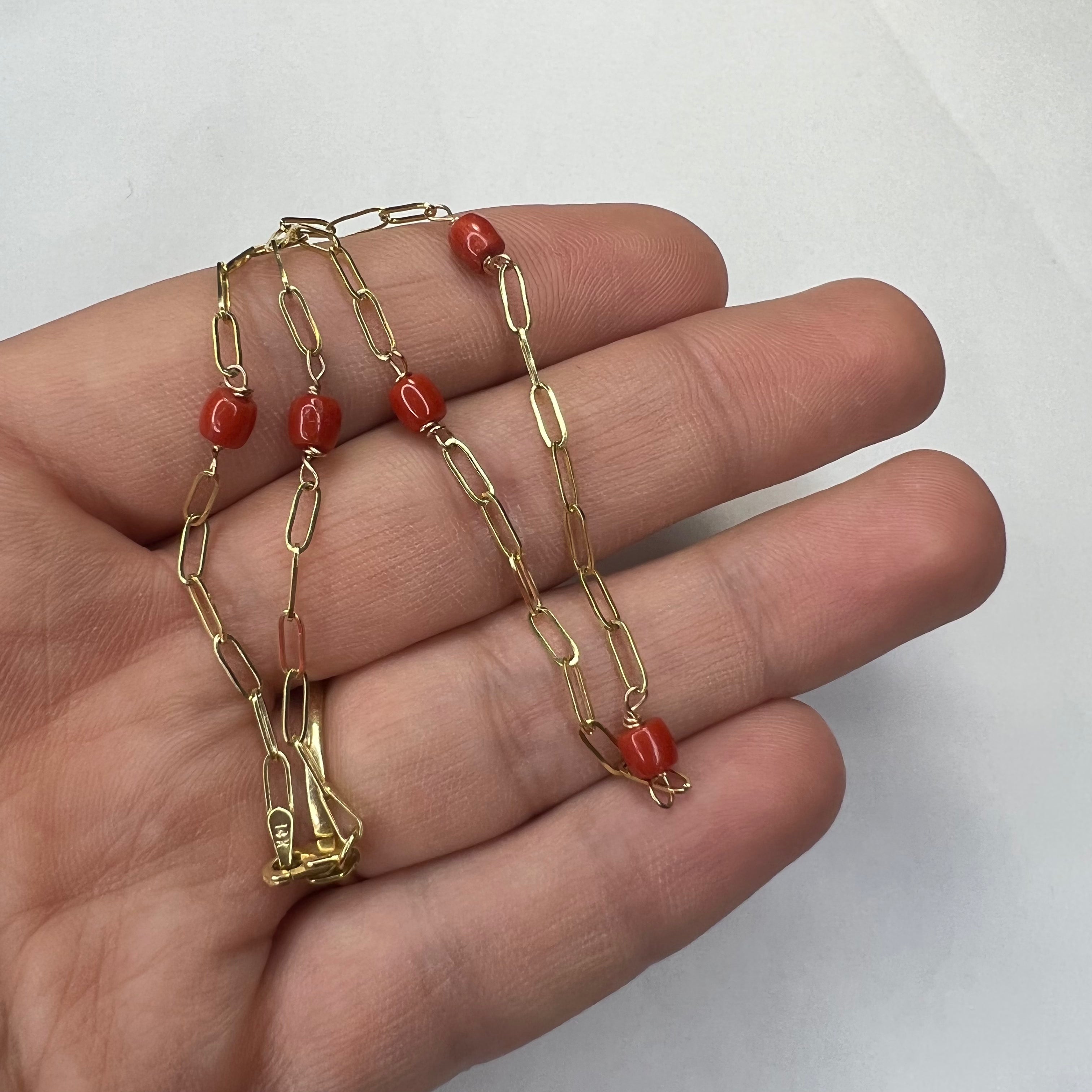 Solid 14K Yellow Gold Coral Beads Station Paperclip Anklet 10.5"