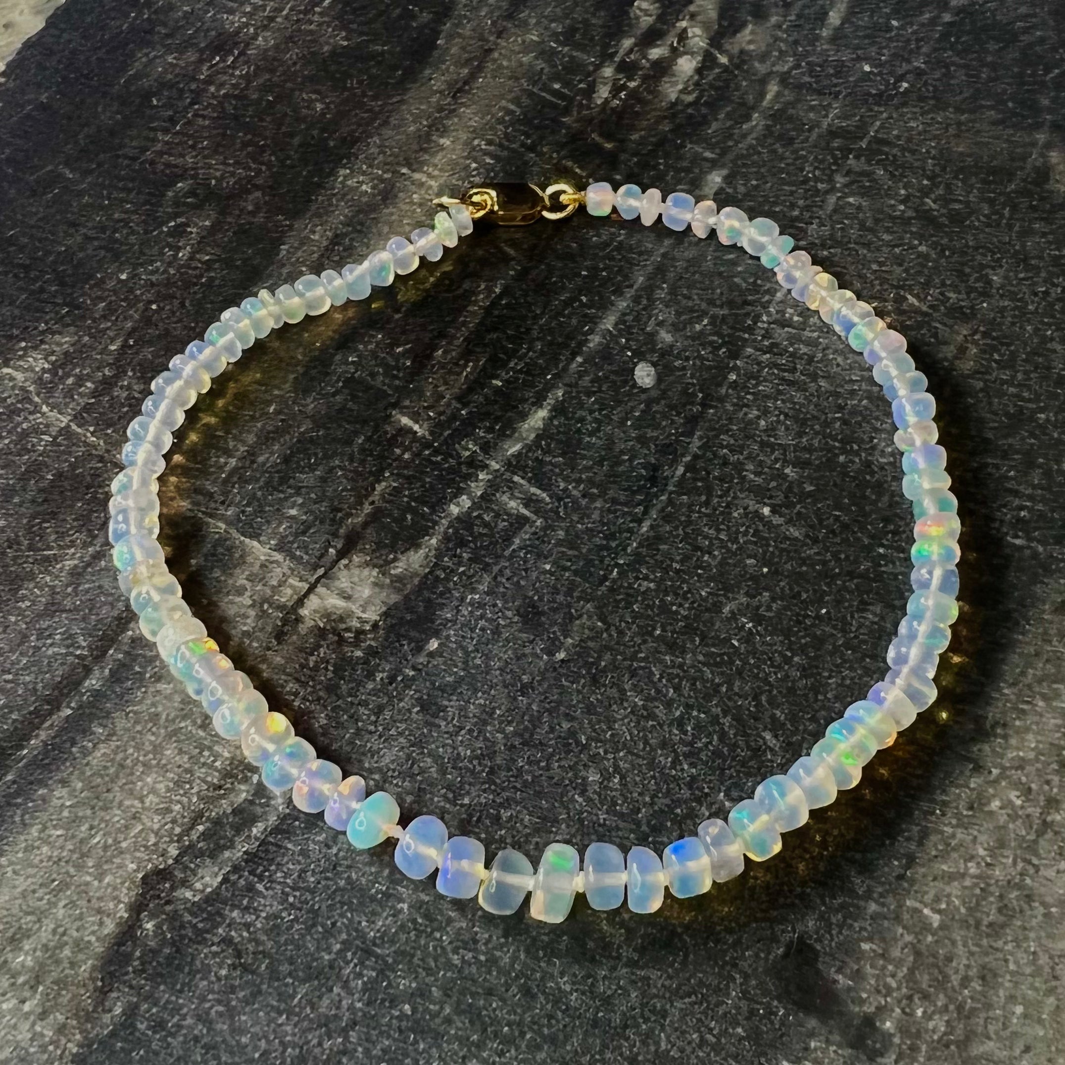 White Opal Beaded Bracelet 14K Gold 7.5"