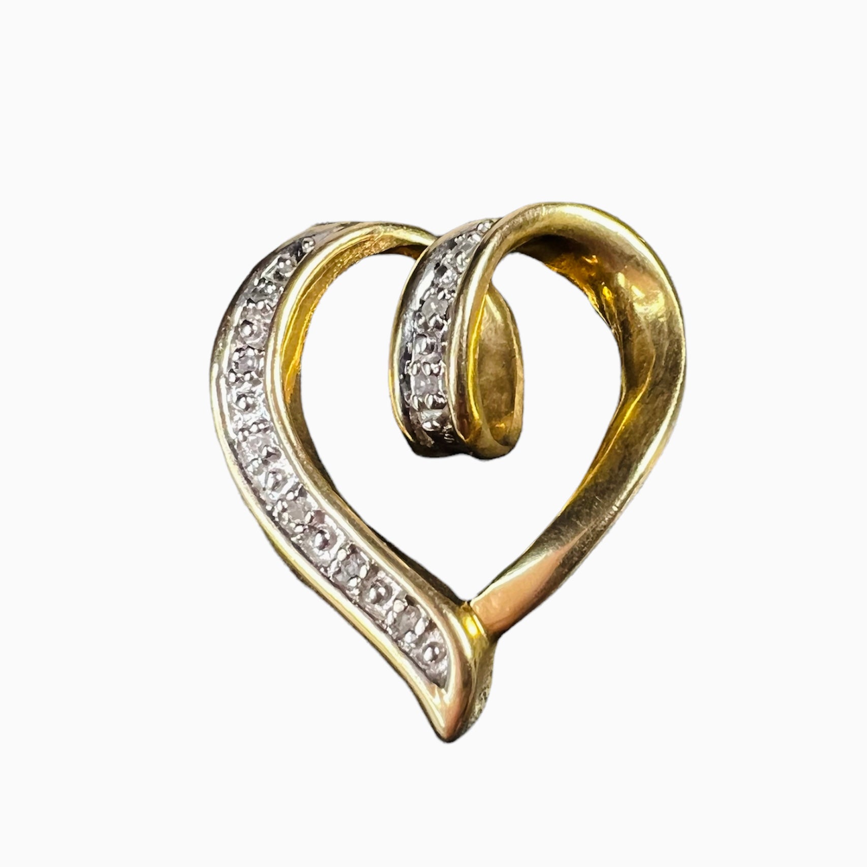 Solid 10K Yellow Gold Diamond Pave Heart Pendant Slide .87"