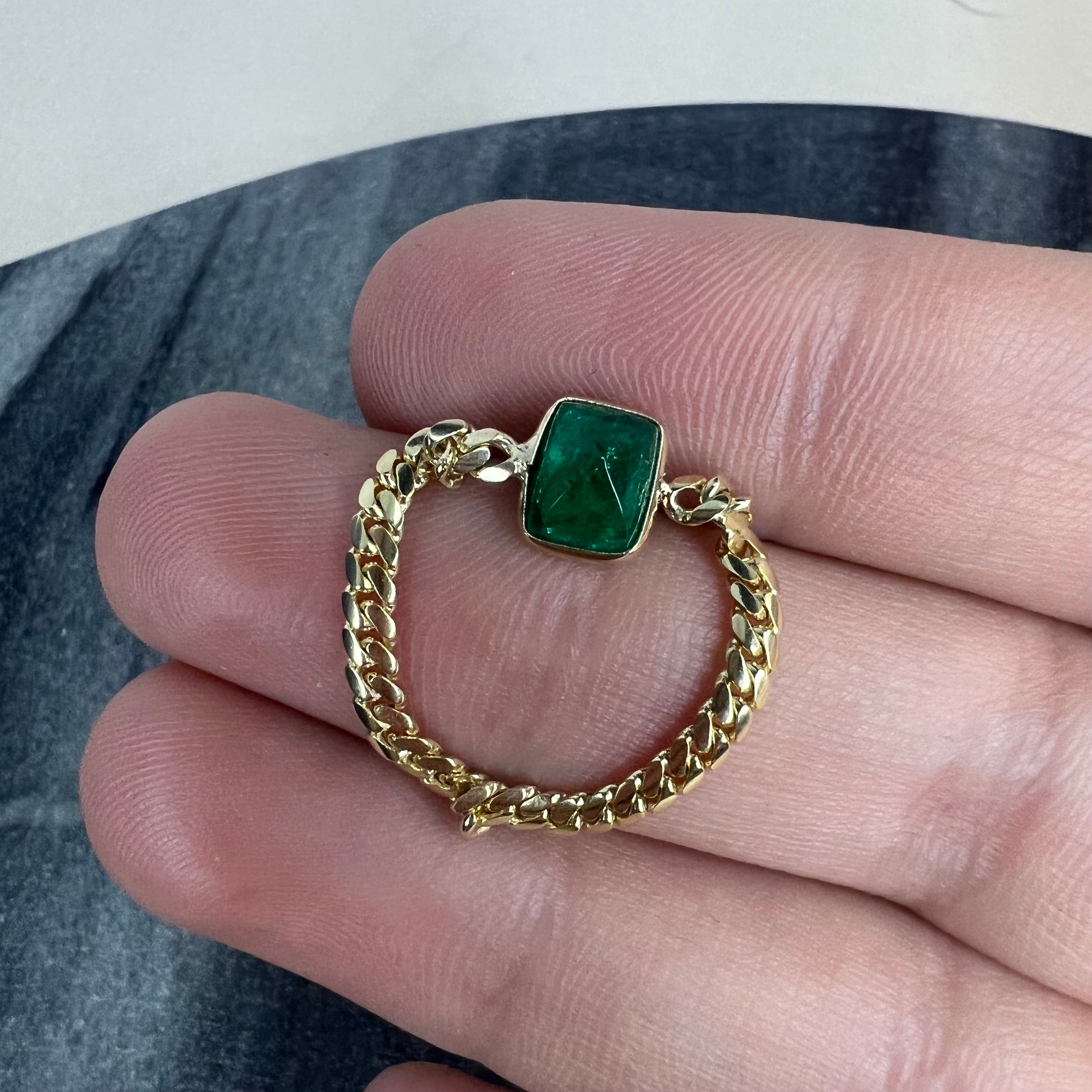 Solid 14K Yellow Gold Square Cabochon Emerald Cuban Chain Ring Size 7.5