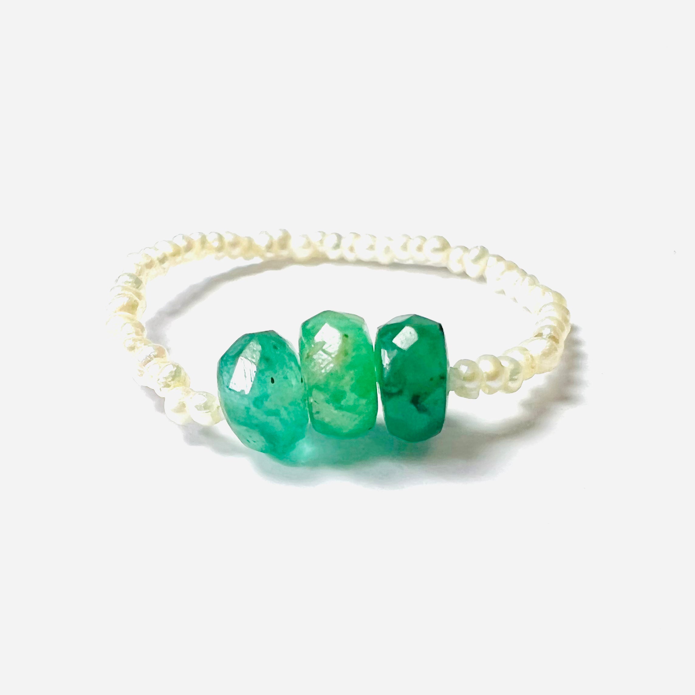 Natural Seed Pearl Eternity Rough Emerald Bead Ring Size 5