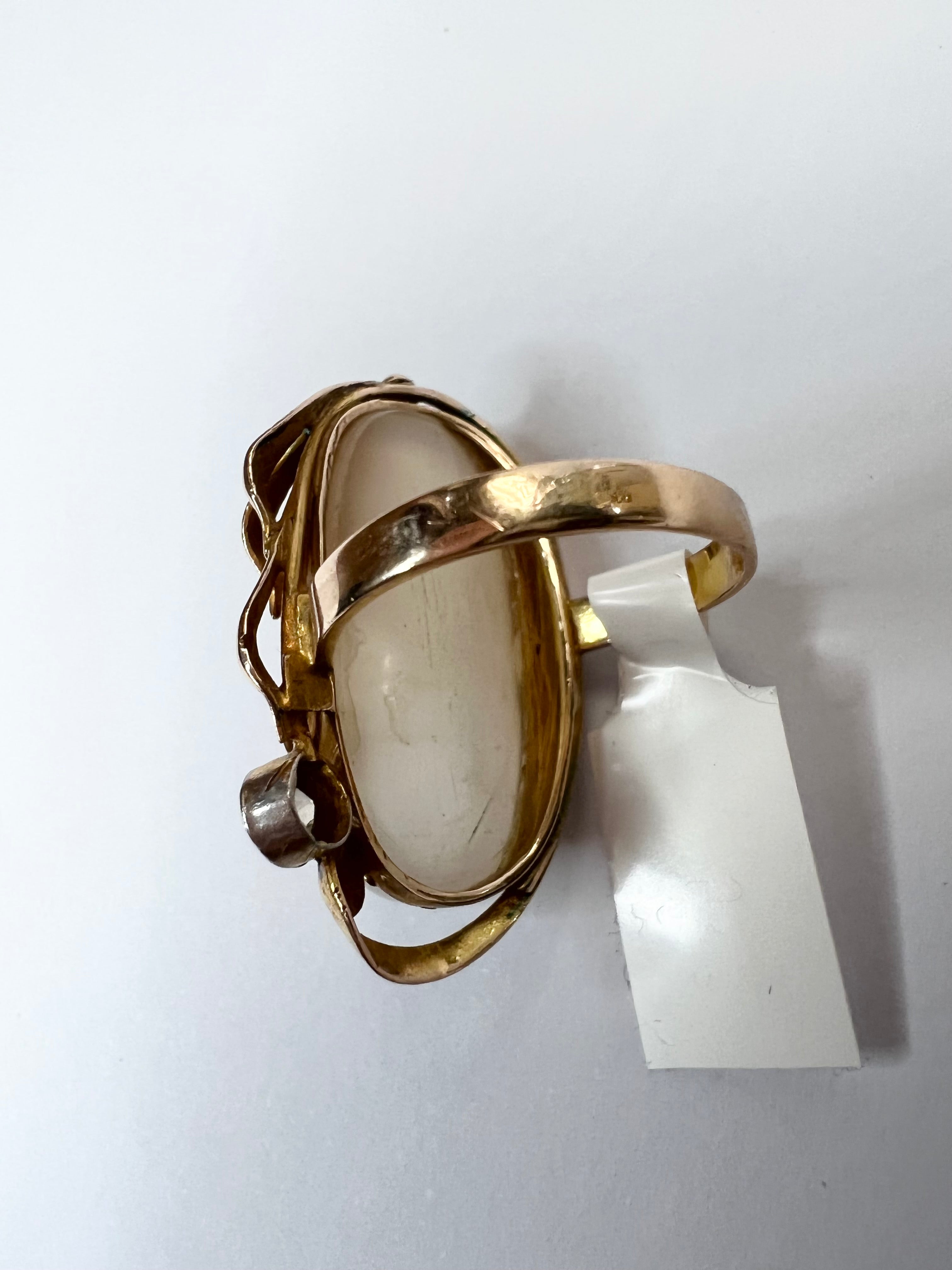 Solid 14K Yellow Gold Antique Moonstone and Diamond Long Ring Size 4.75