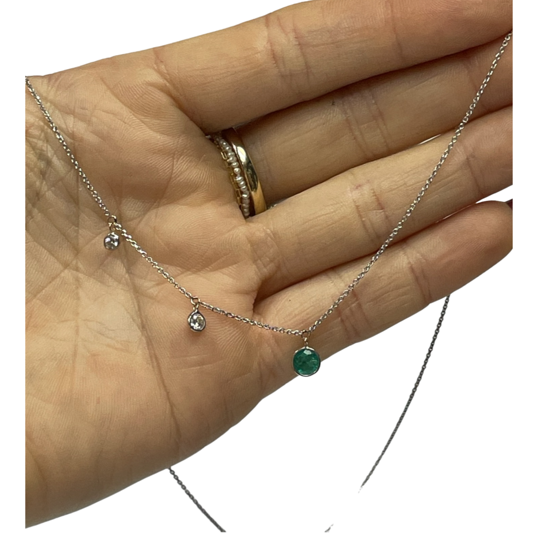 Emerald and  Diamond 16" 14k White Gold Dangle Asymmetric Necklace