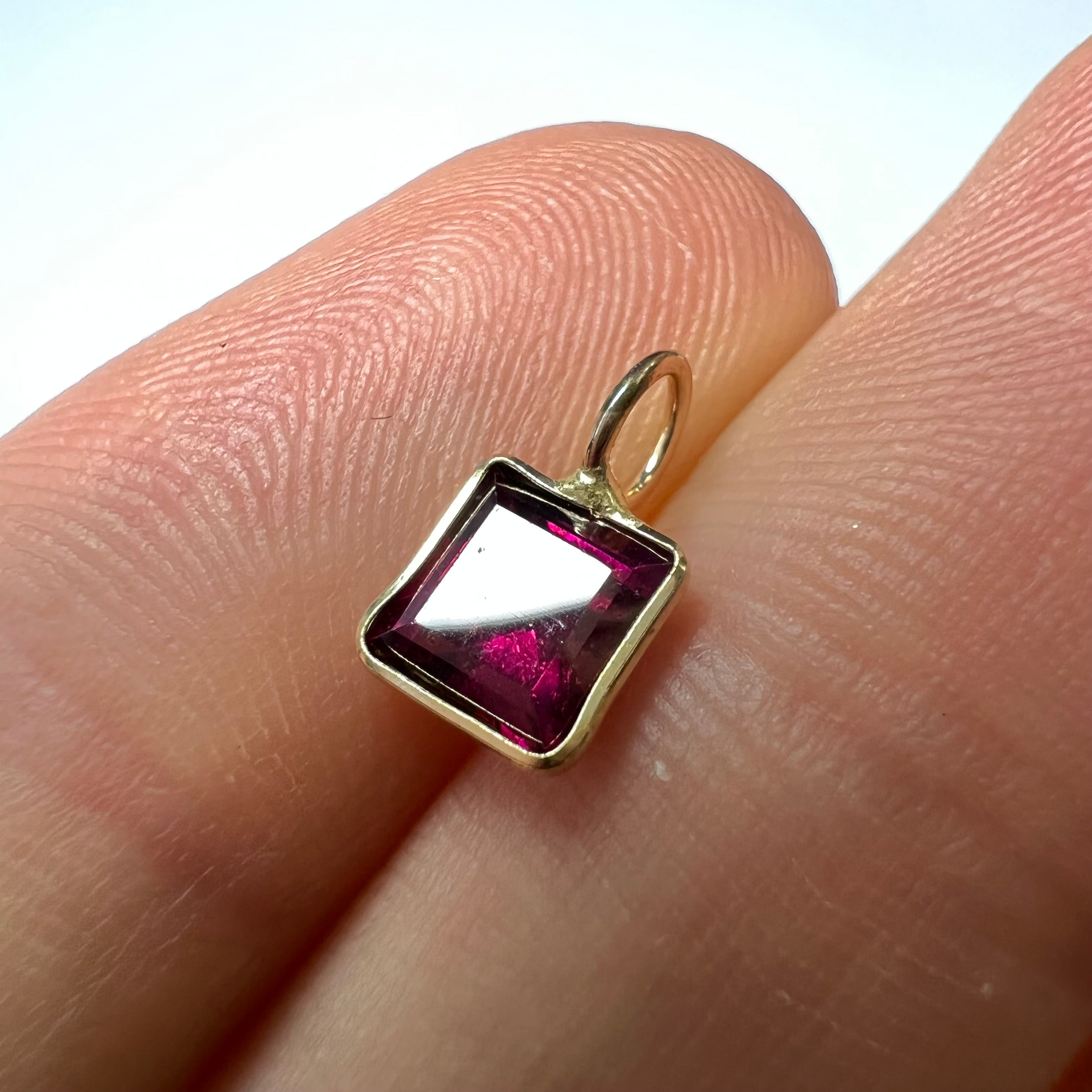 Natural Rhodolite Garnet Ascher Cut 14K Yellow Gold Pendant Charm 10x6mm