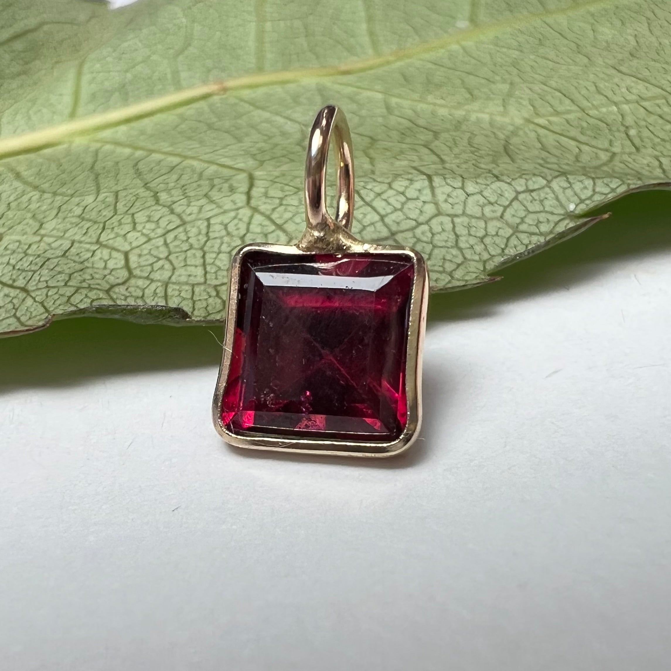 Natural Rhodolite Garnet Ascher Cut 14K Yellow Gold Pendant Charm 10x6mm