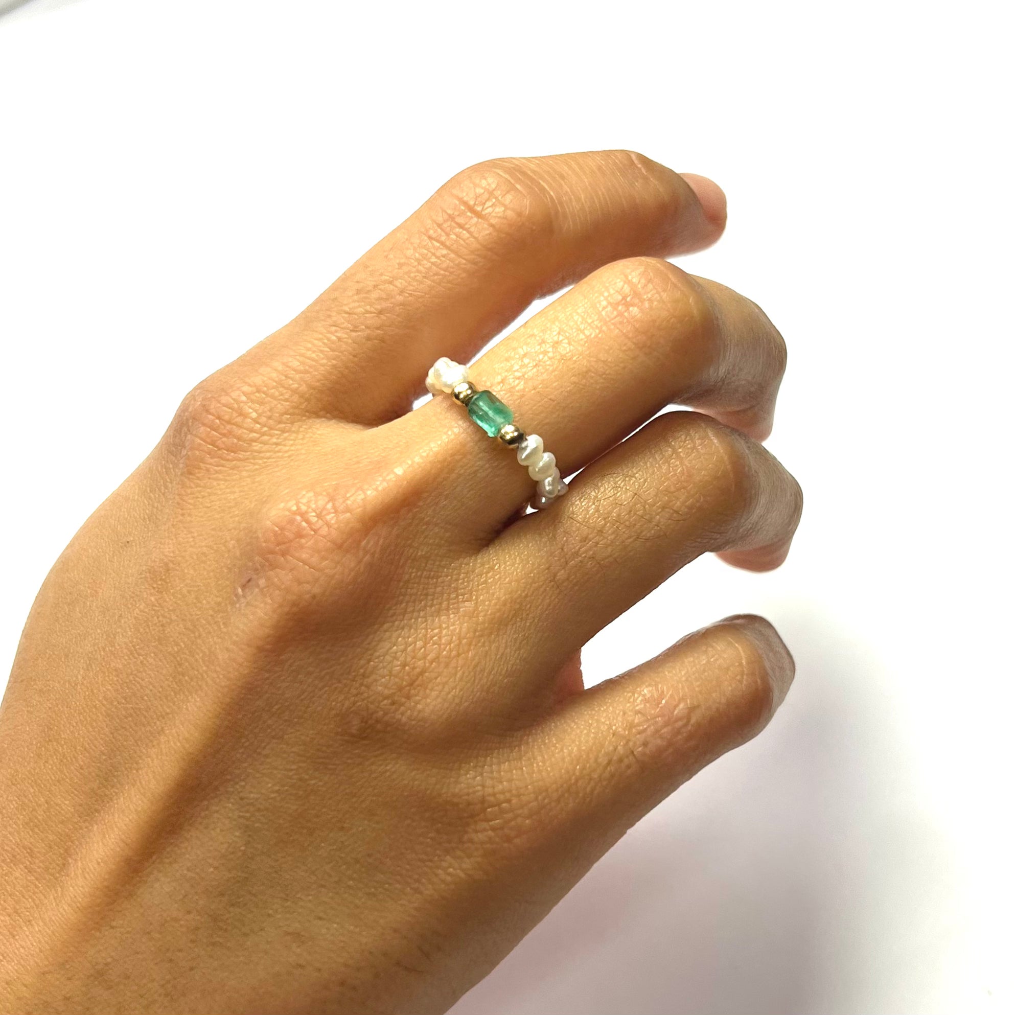 Natural Seed Pearl Eternity Rough Emerald & Gold Bead Ring Size 7.5