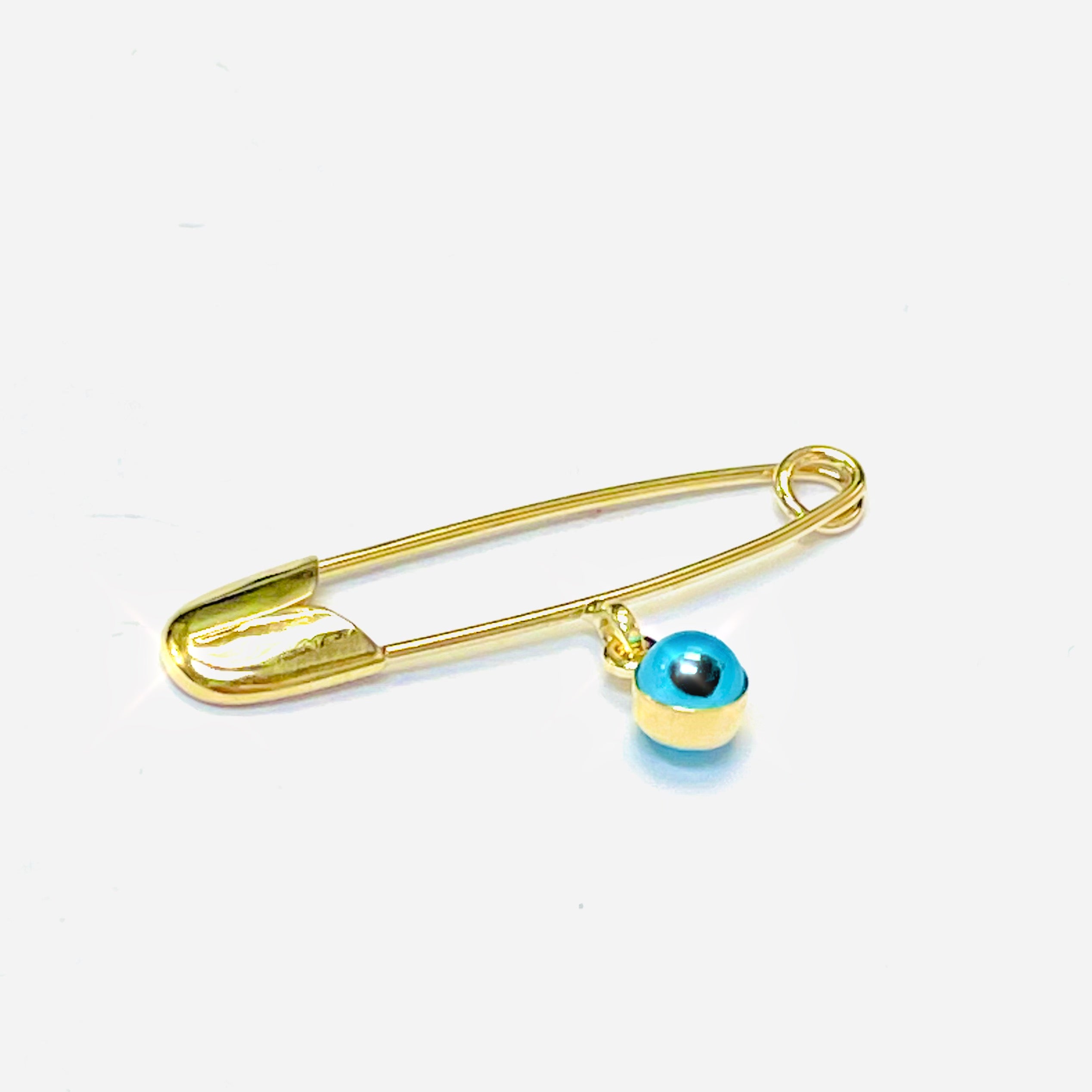 14K Solid Yellow Gold Safety Pin Pendant Charm Holder With Evil Eye 1"