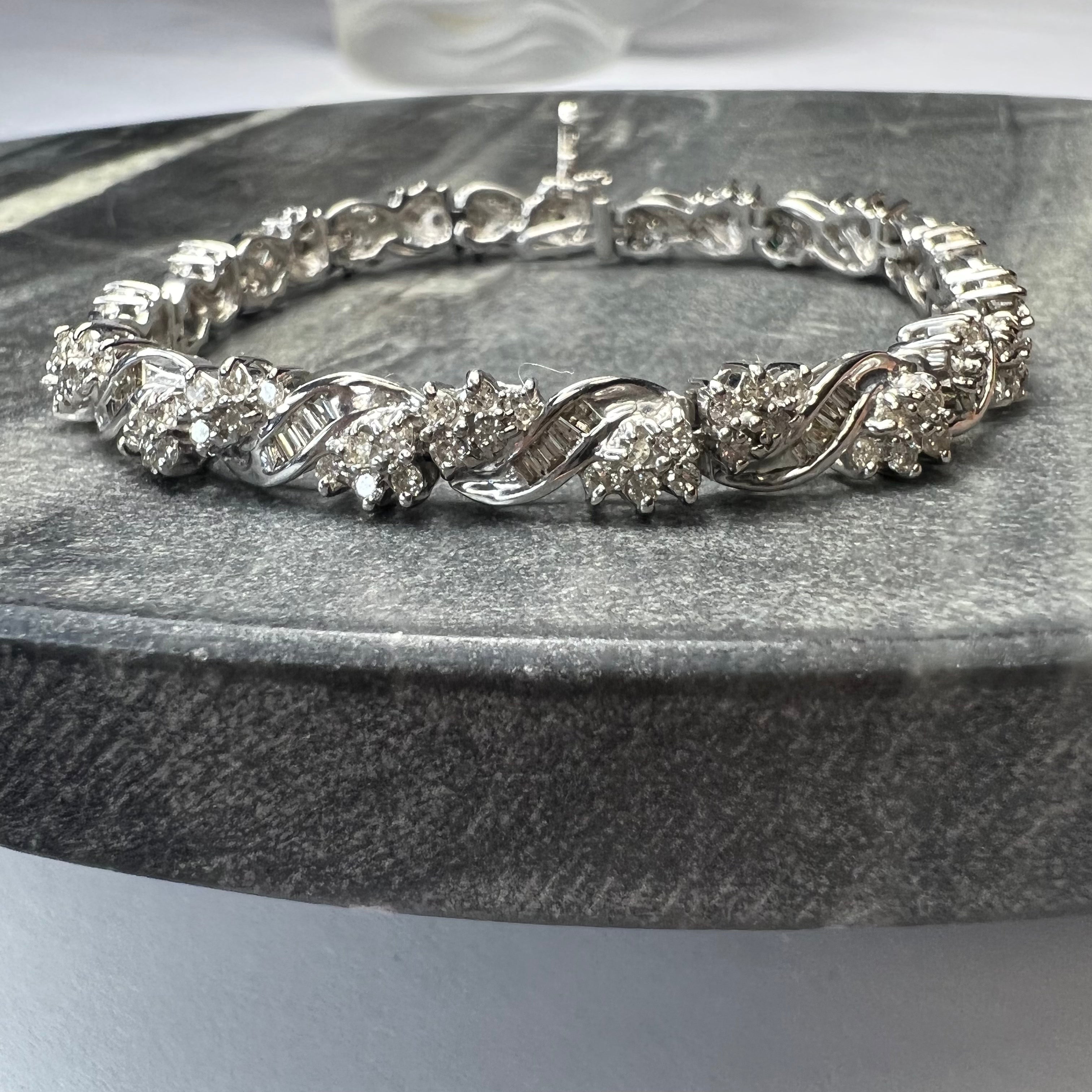 Stunning! 14K White Gold 2.5CT Round and Baguette Diamond Floral Pave Bracelet 7"