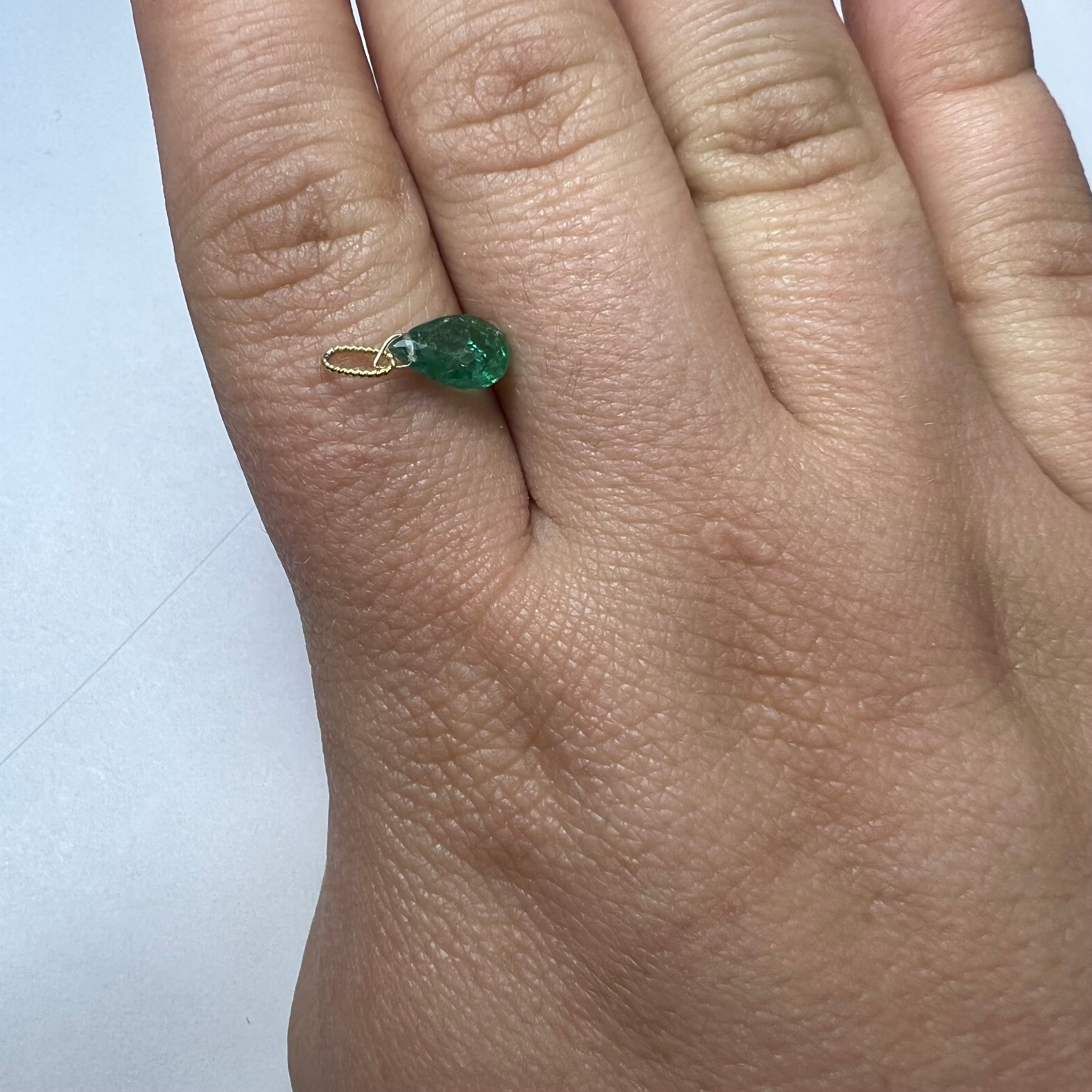 1.3CT Solid 14K Yellow Gold Briolette Emerald Twisted bail Charm 9x5.49x3.96mm