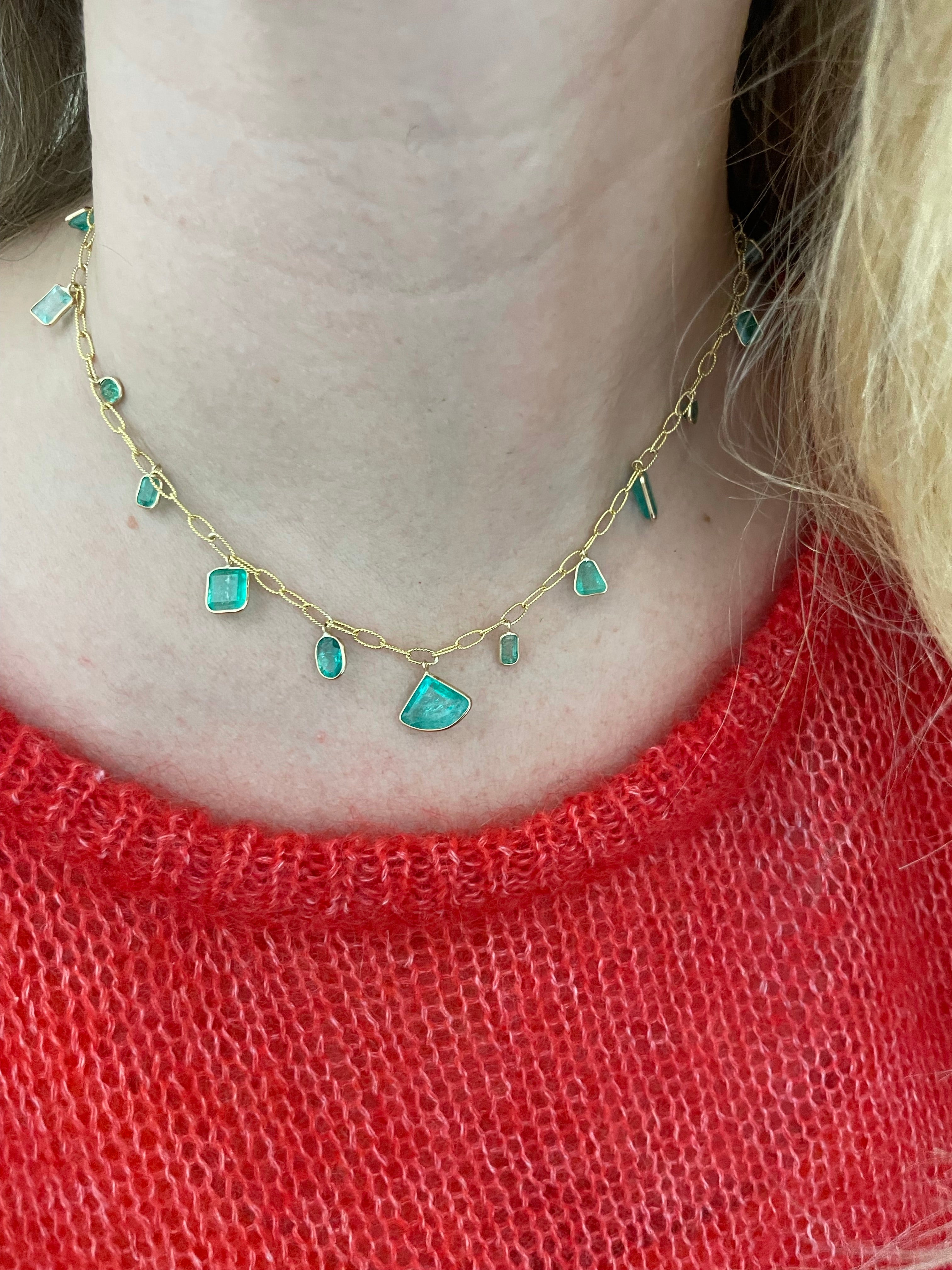 10.3CTS Multi Shape Colombian Emeralds 16" 14K Yellow Gold Dangle Necklace