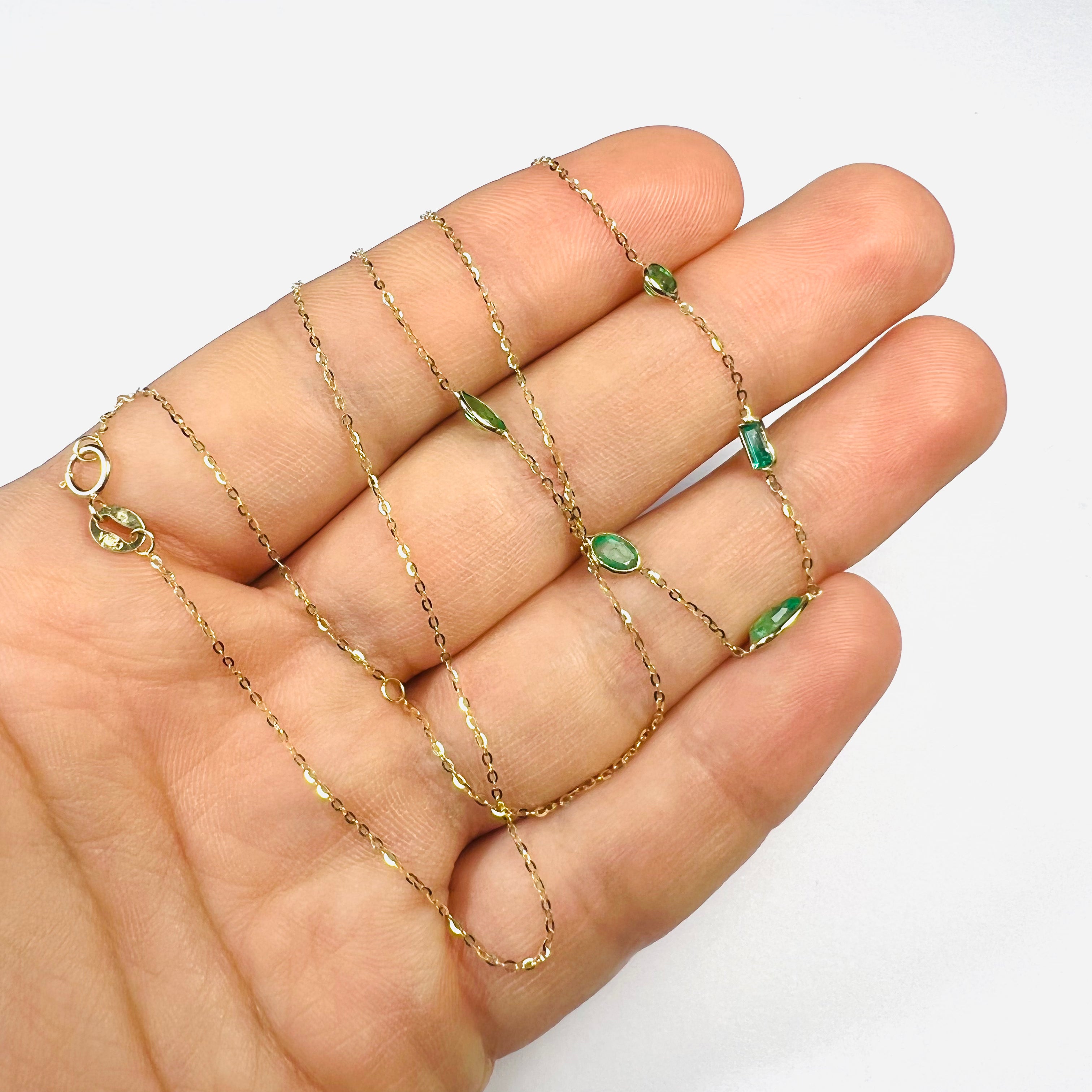 Stationed Emerald  19" 14K Yellow Gold Flat Cable Chain Necklace