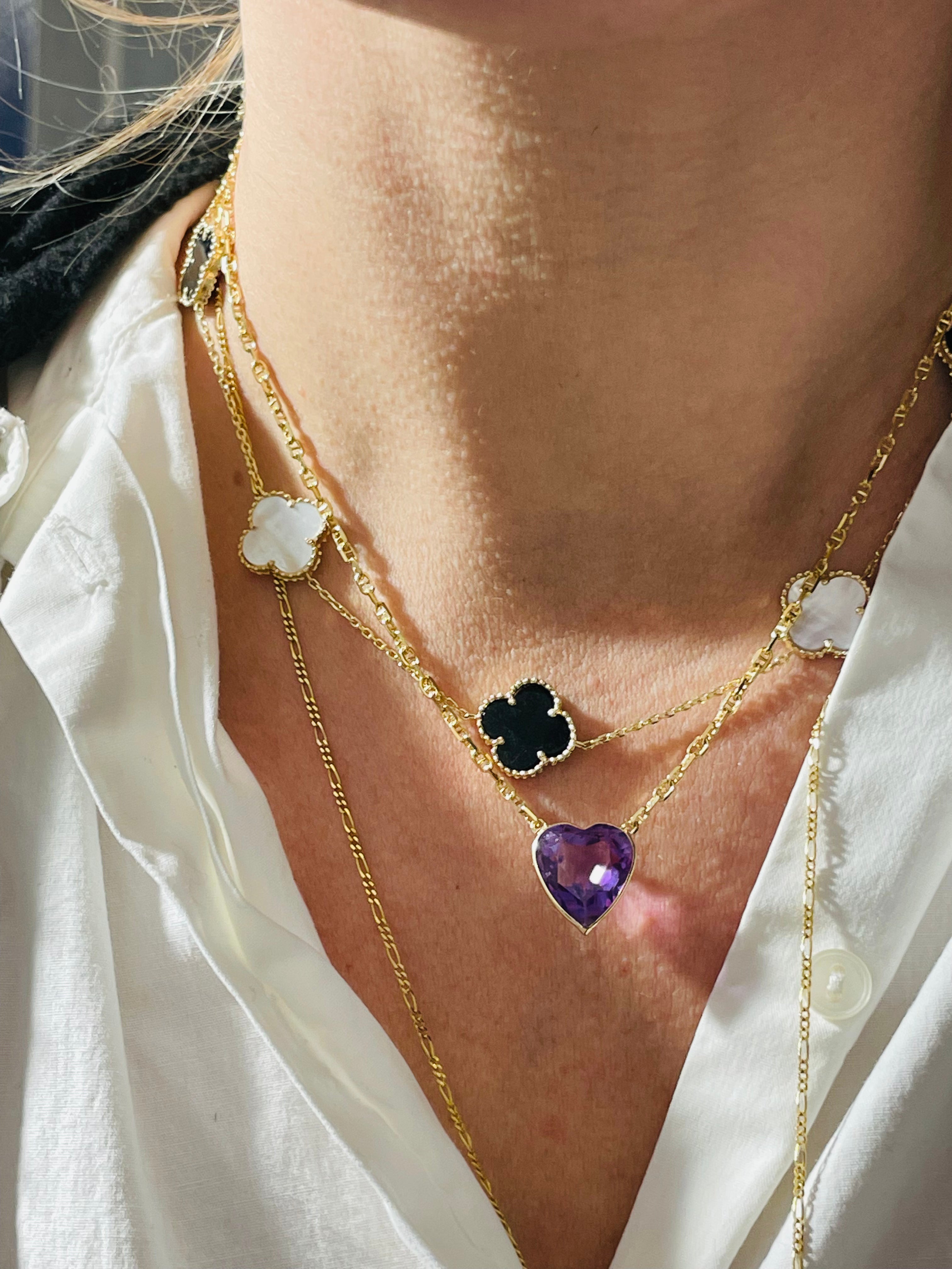7CT Natural Amethyst Heart 14K Yellow Gold Necklace Anchor Link Chain Necklace