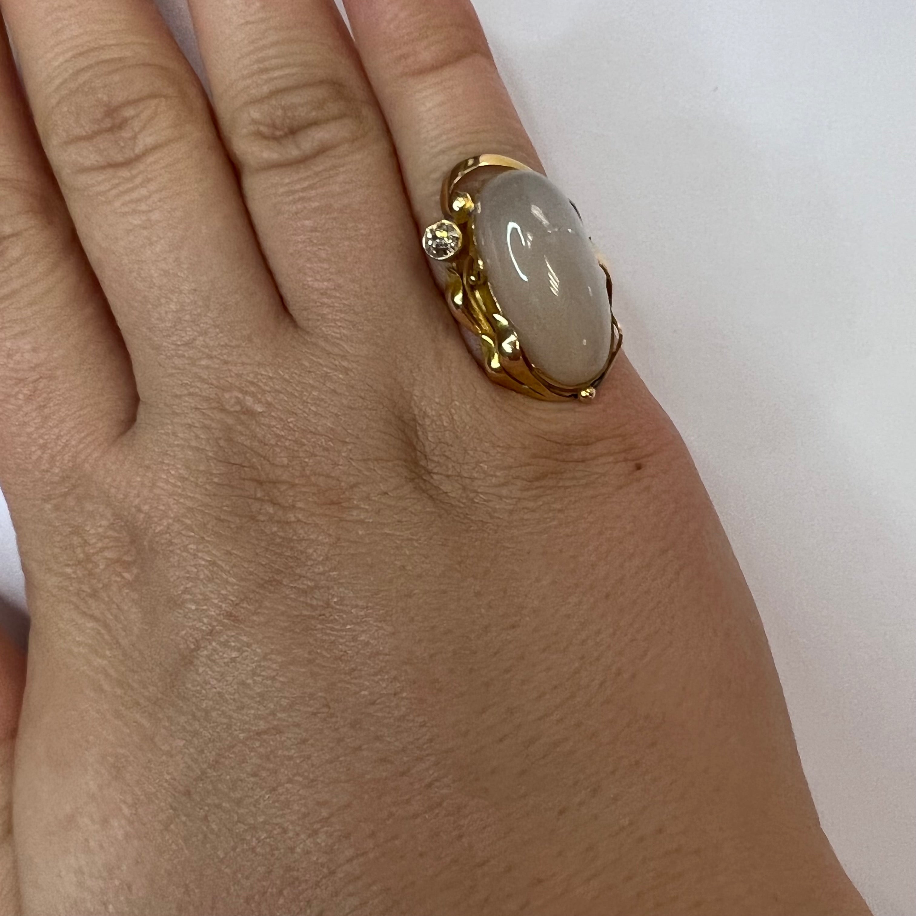 Solid 14K Yellow Gold Antique Moonstone and Diamond Long Ring Size 4.75