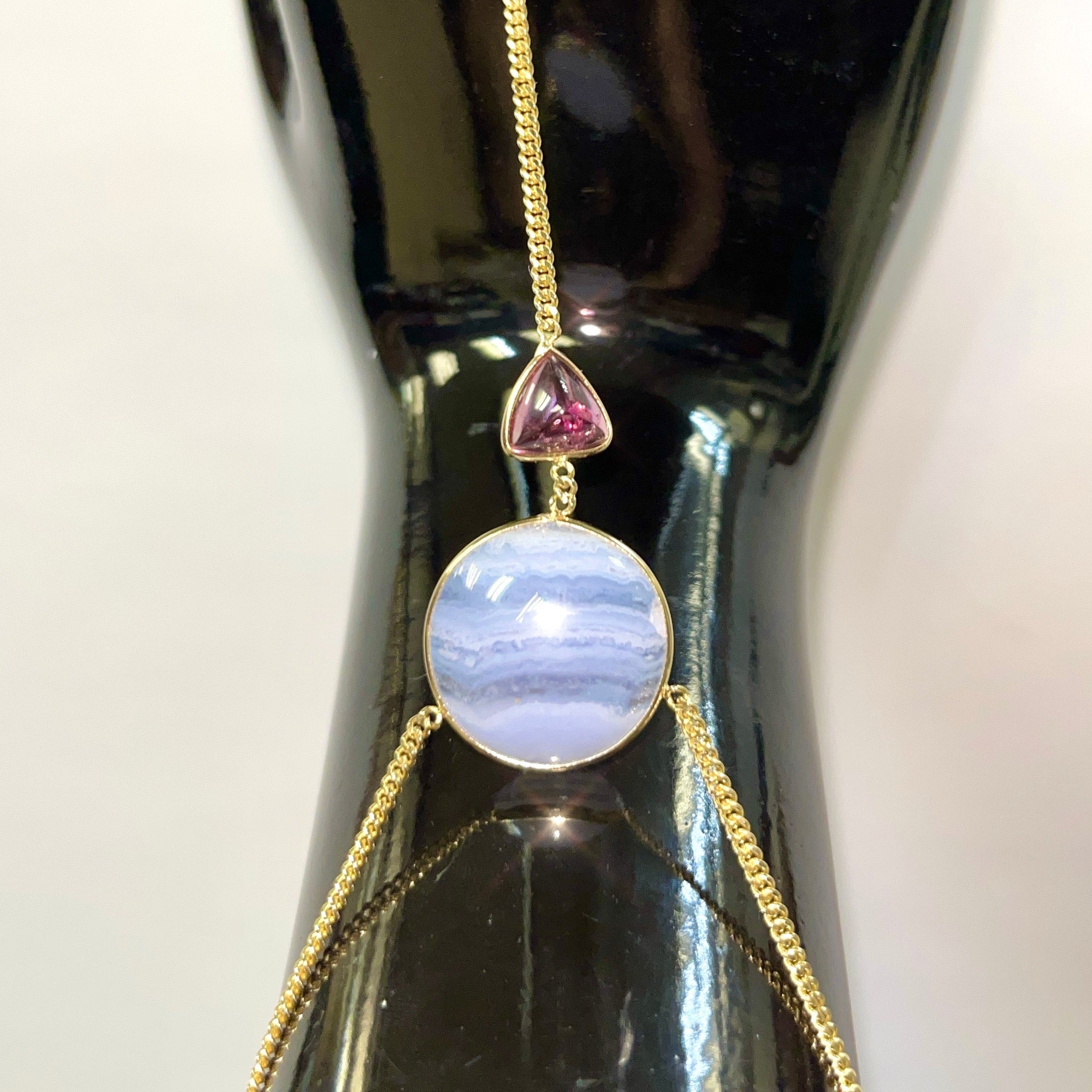 Blue Laced Agate and Pink Tourmaline 14K Yellow Gold Curb Link Hand Chain