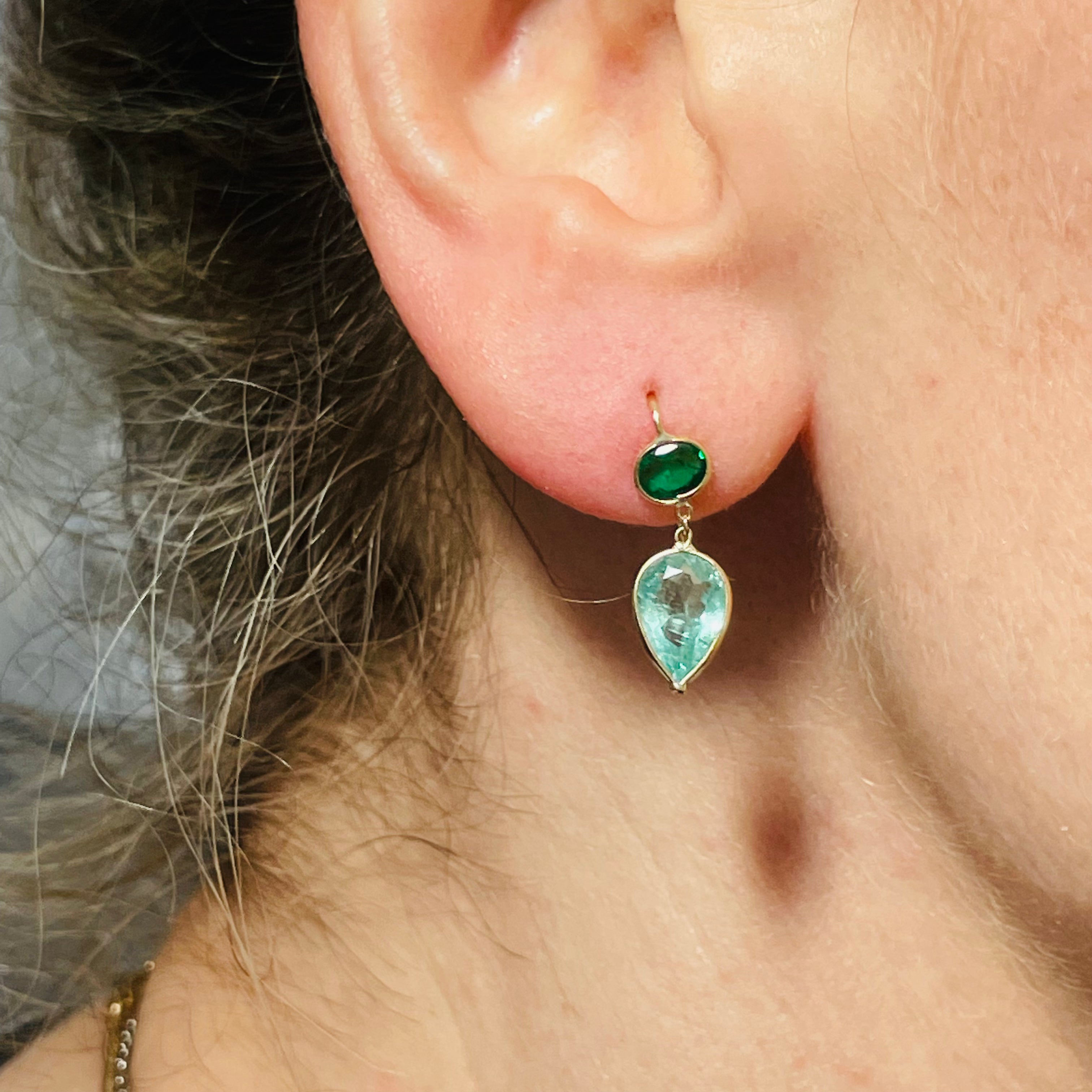 Natural Light and Dark Colombian Emerald 14K Yellow Gold Drop Earrings