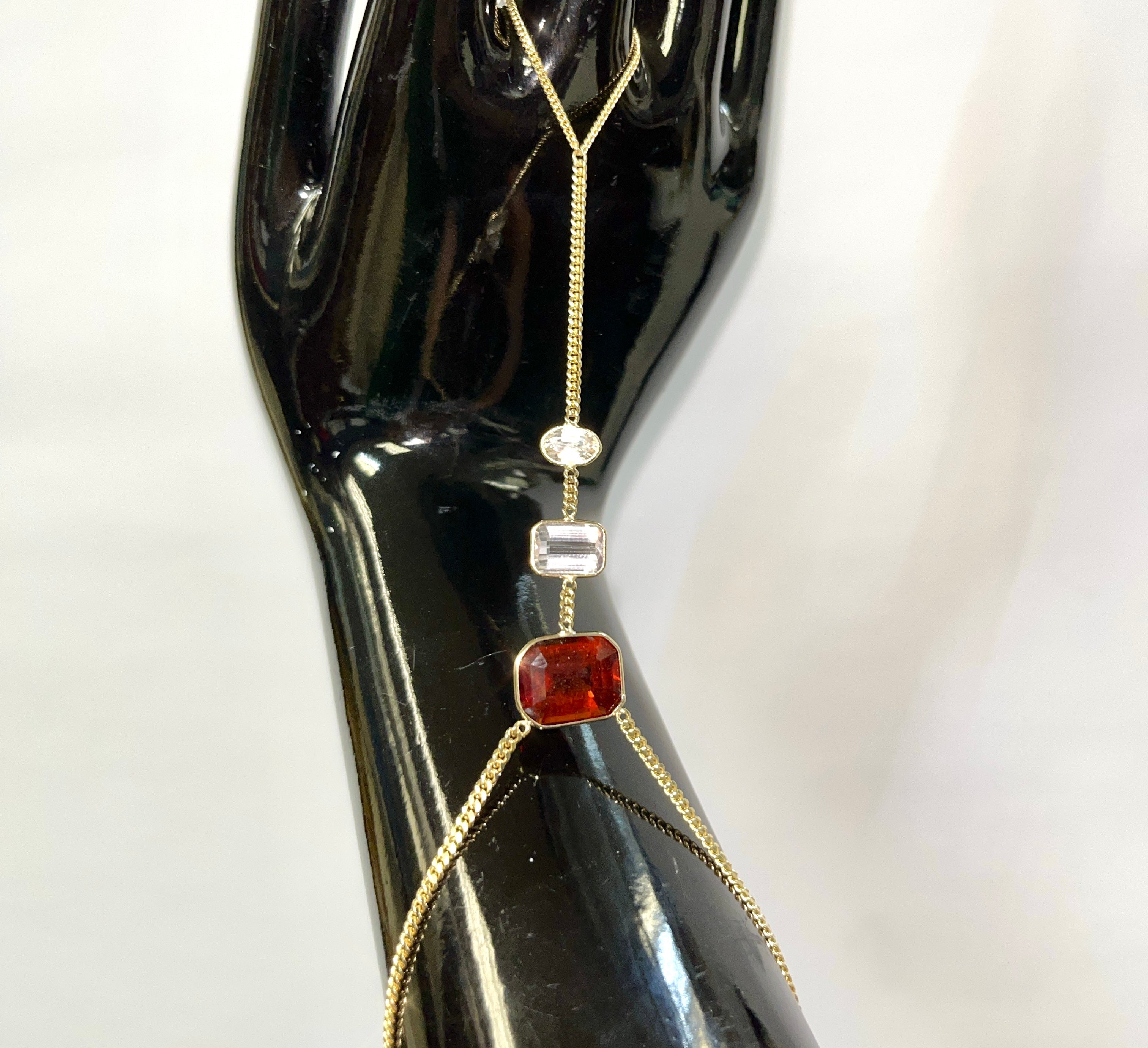 Red Labradorite, Kunzite and White Sapphire Hand Chain 14K Yellow Gold Curb Link